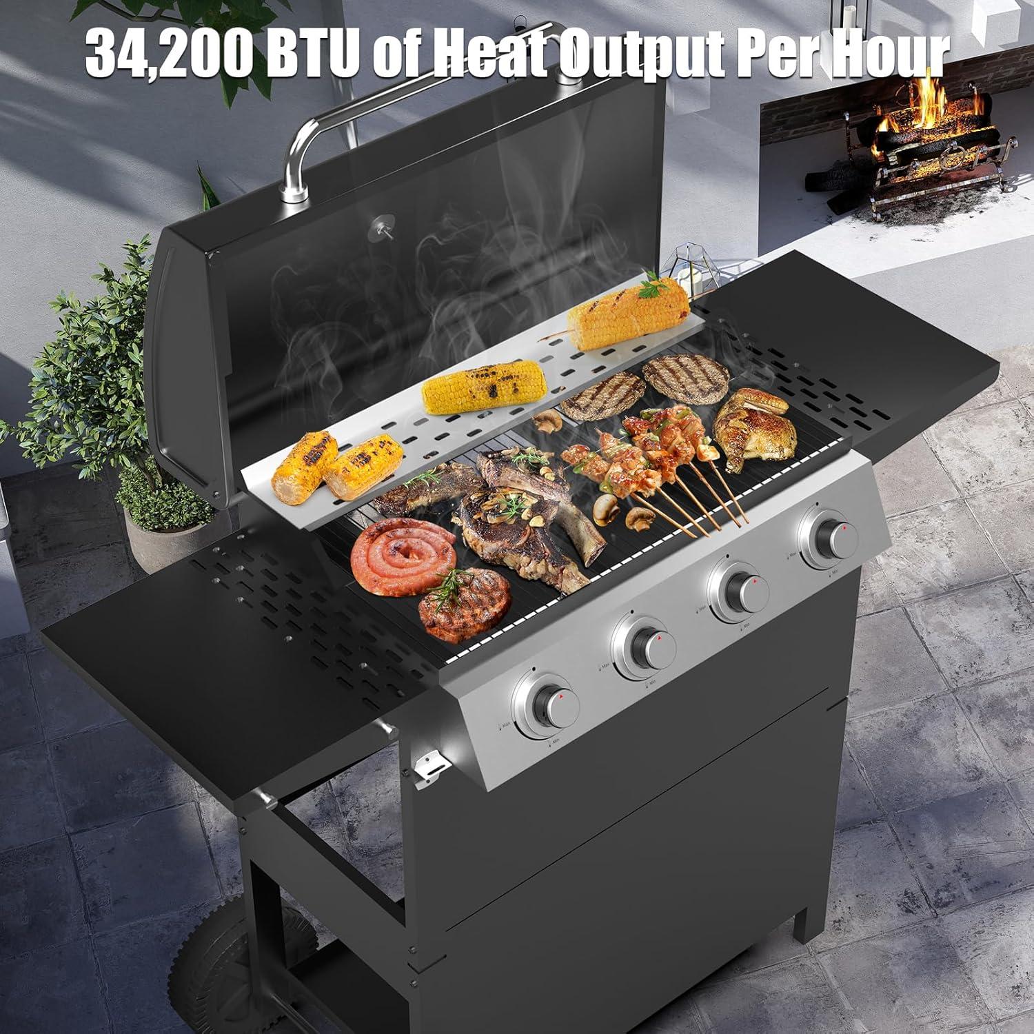 4-Burner Propane Grill with Top Cover Lid, Wheels, Side Tables, Built-in Thermometer, Stainless Steel 34,200 BTU Gas Grill