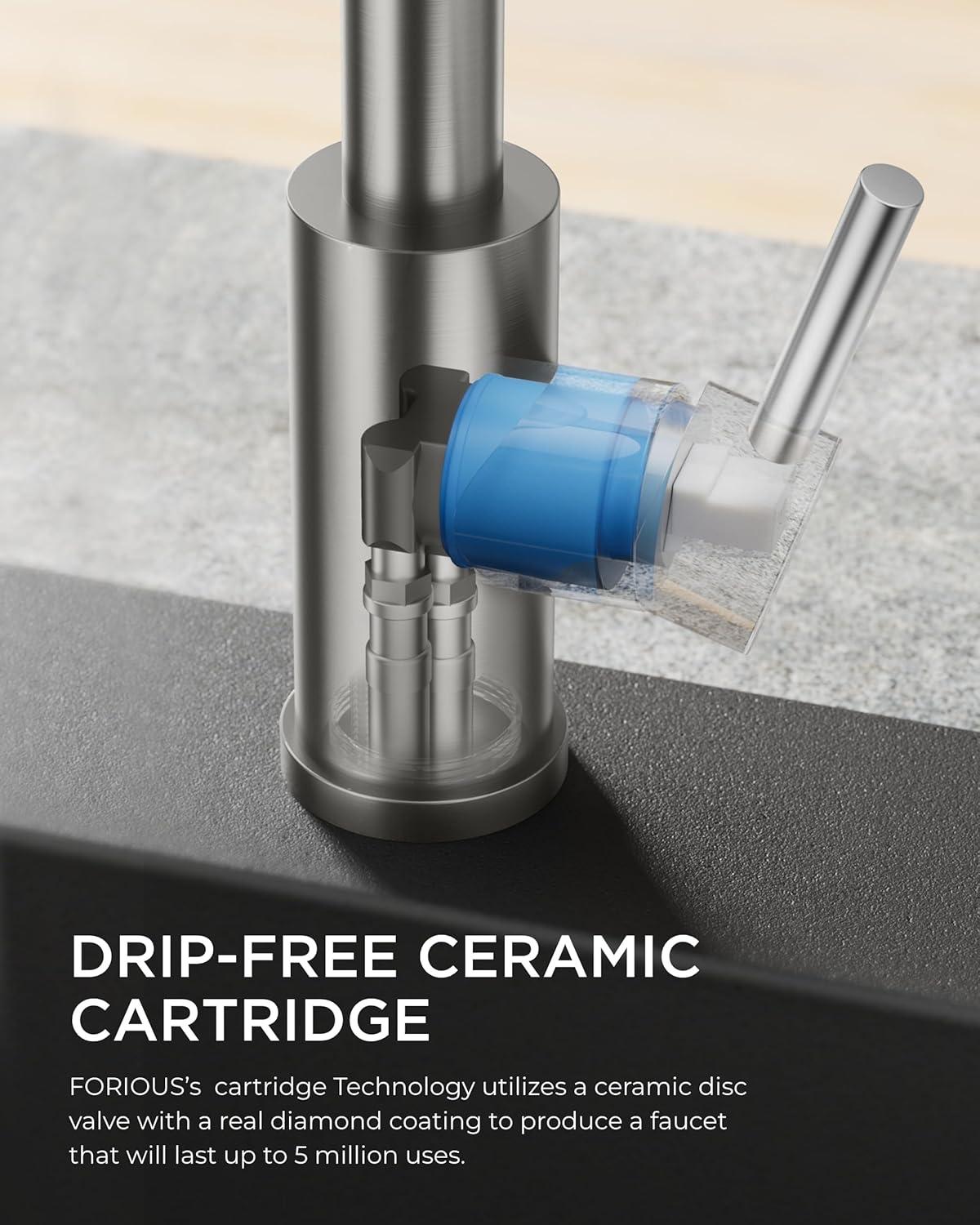 FORIOUS Kitchen Faucet with Pull Down Sprayer, Brushed Nickel, Bar High Arc Single Handle Traditional 3 Modes Stainless Steel Faucet for Kitchen Sink Farmhouse RV Laundry Camper