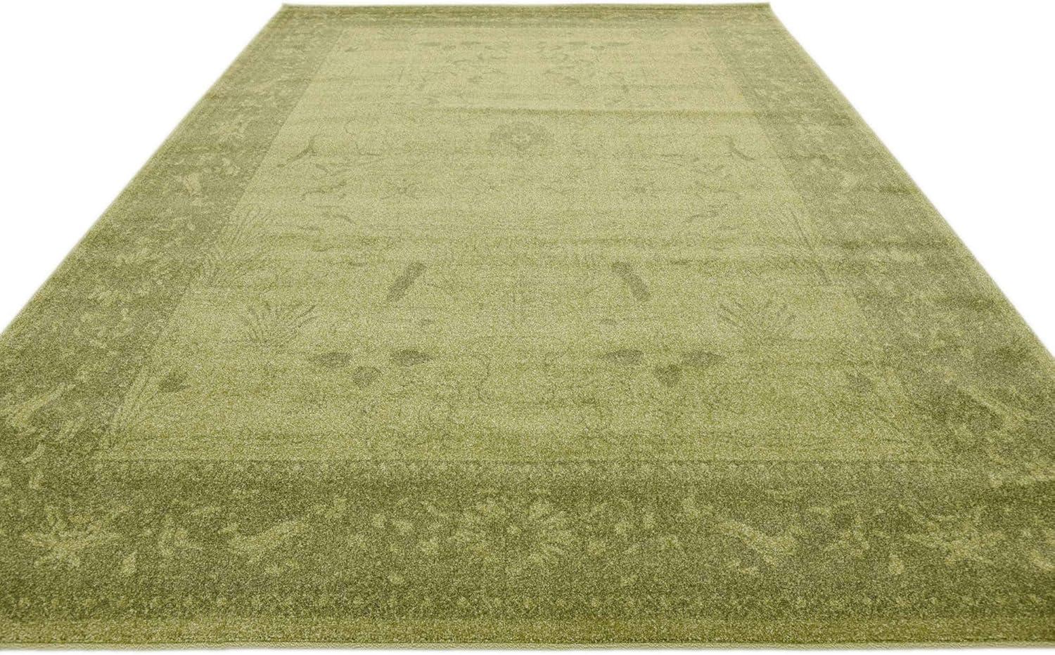 Green Floral Synthetic Rectangular Area Rug with Border Embellishment