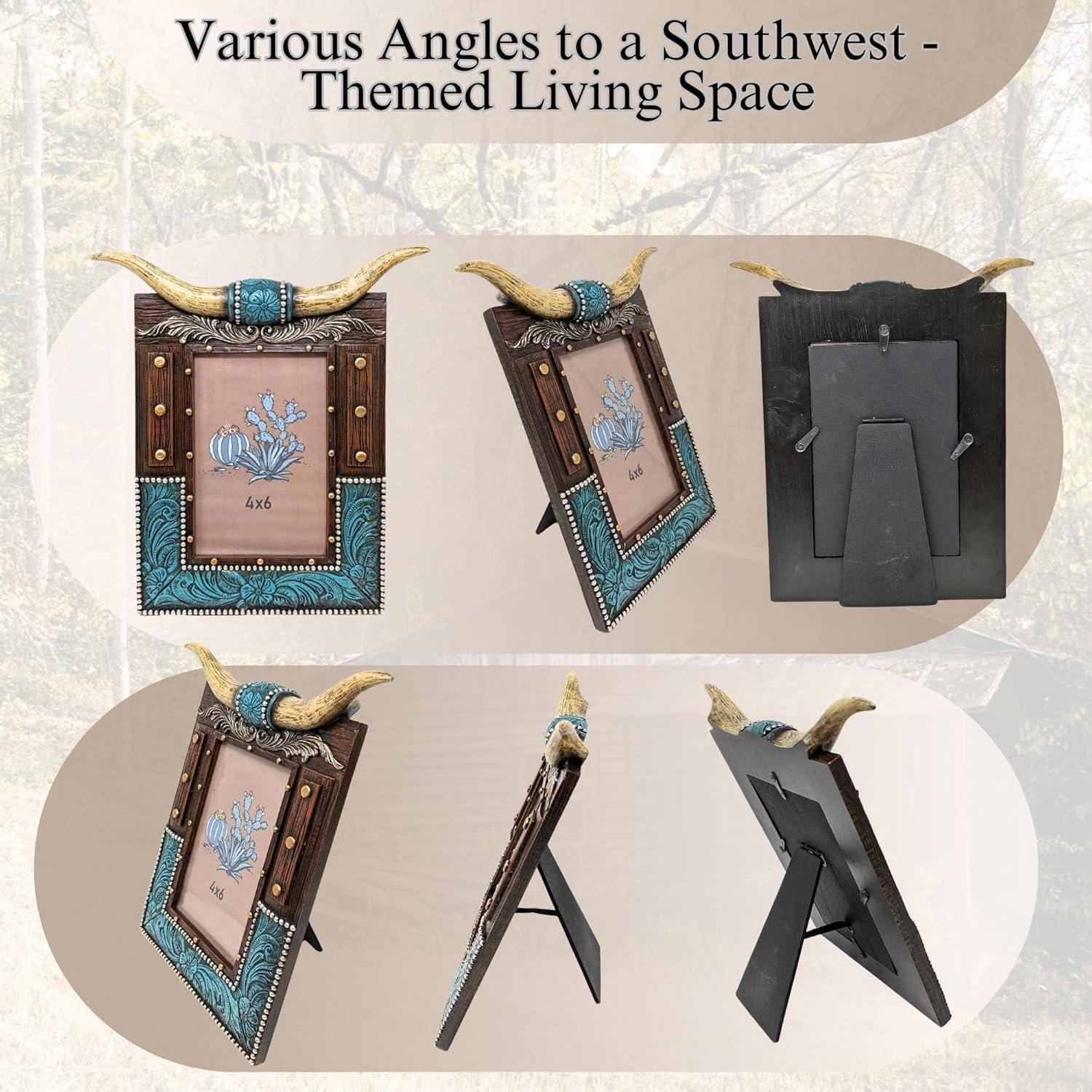 Union Rustic Rustic Southwestern Picture Frame with Tooled Leather and Faux Horns Accents