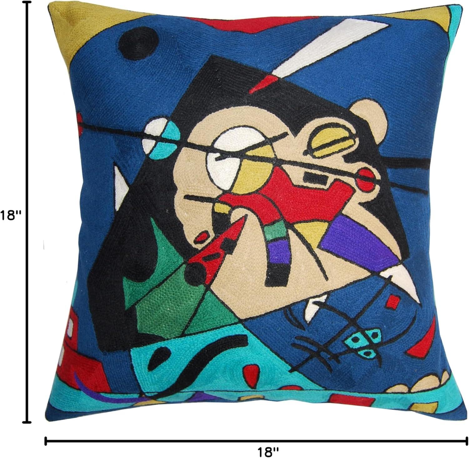 Kandinsky Blue Harmony Embroidered Cotton Wool Pillow Cover 18x18