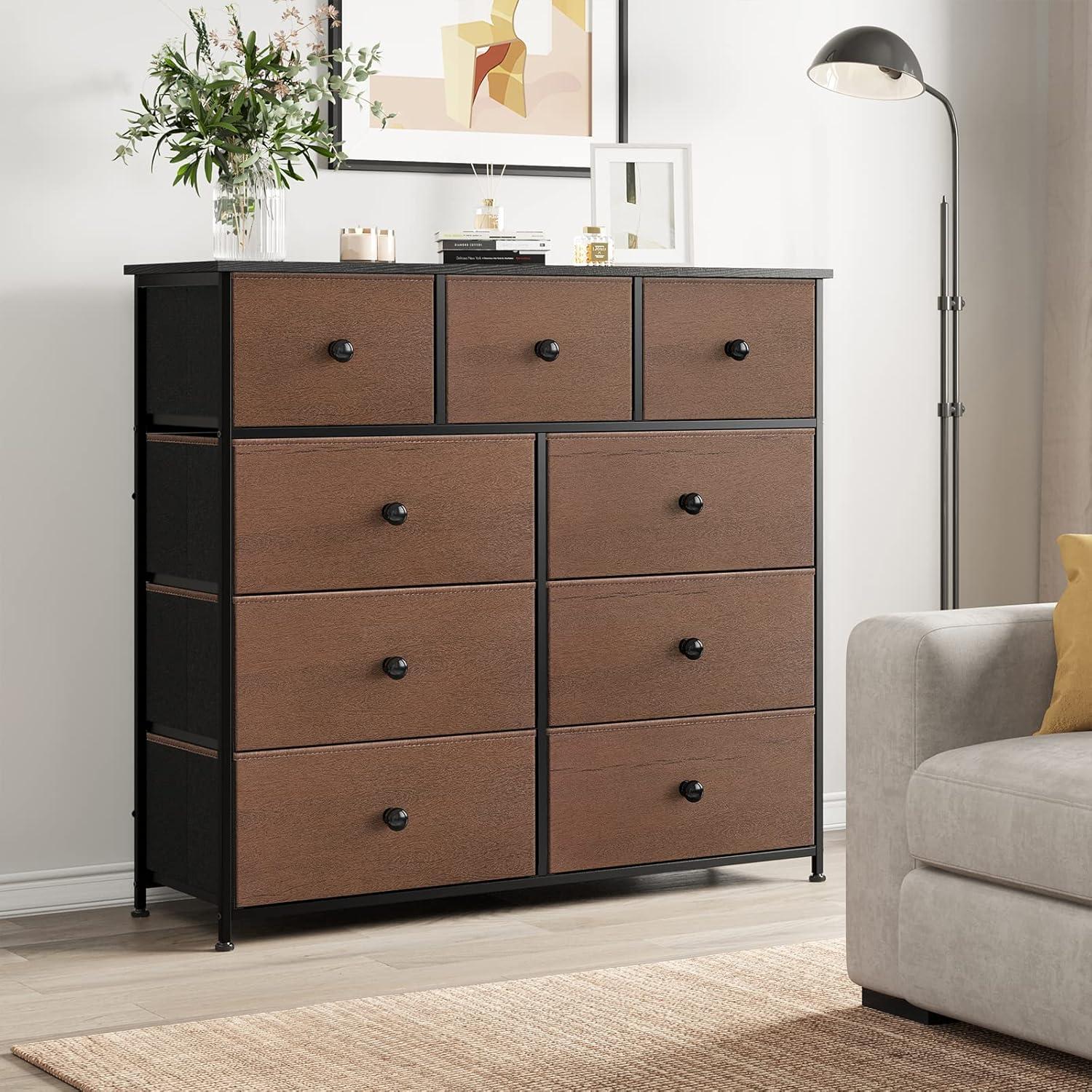 Espresso Steel Frame 9-Drawer Dresser with Waterproof Top and Adjustable Feet