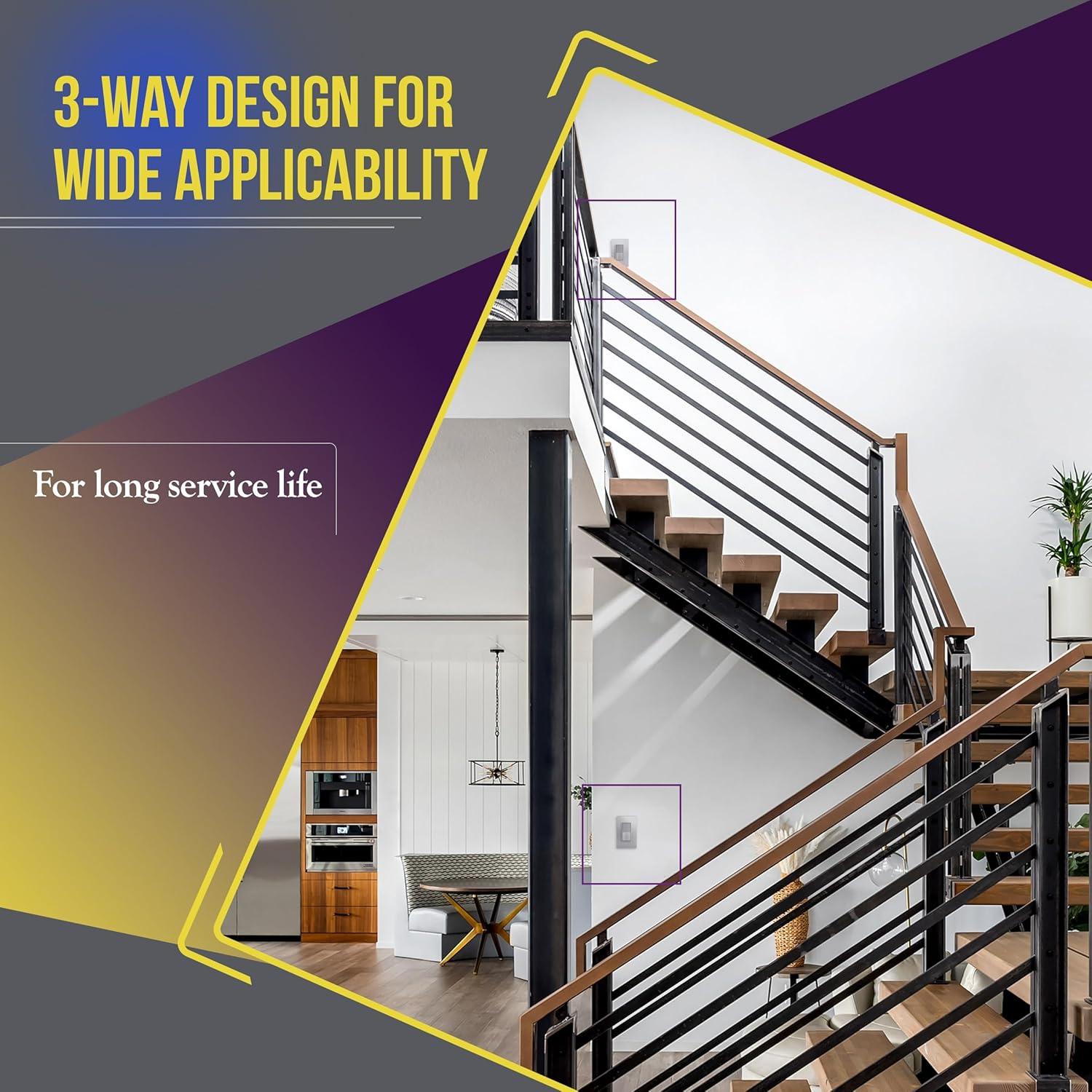 ENERLITES 3-Way Decorator Paddle Light Switch, Gloss Finish, Single Pole or Three Way, 3 Wire, Grounding Screw, Residential Grade, 15A 120V/277V, UL Listed, 93150-SV, Silver