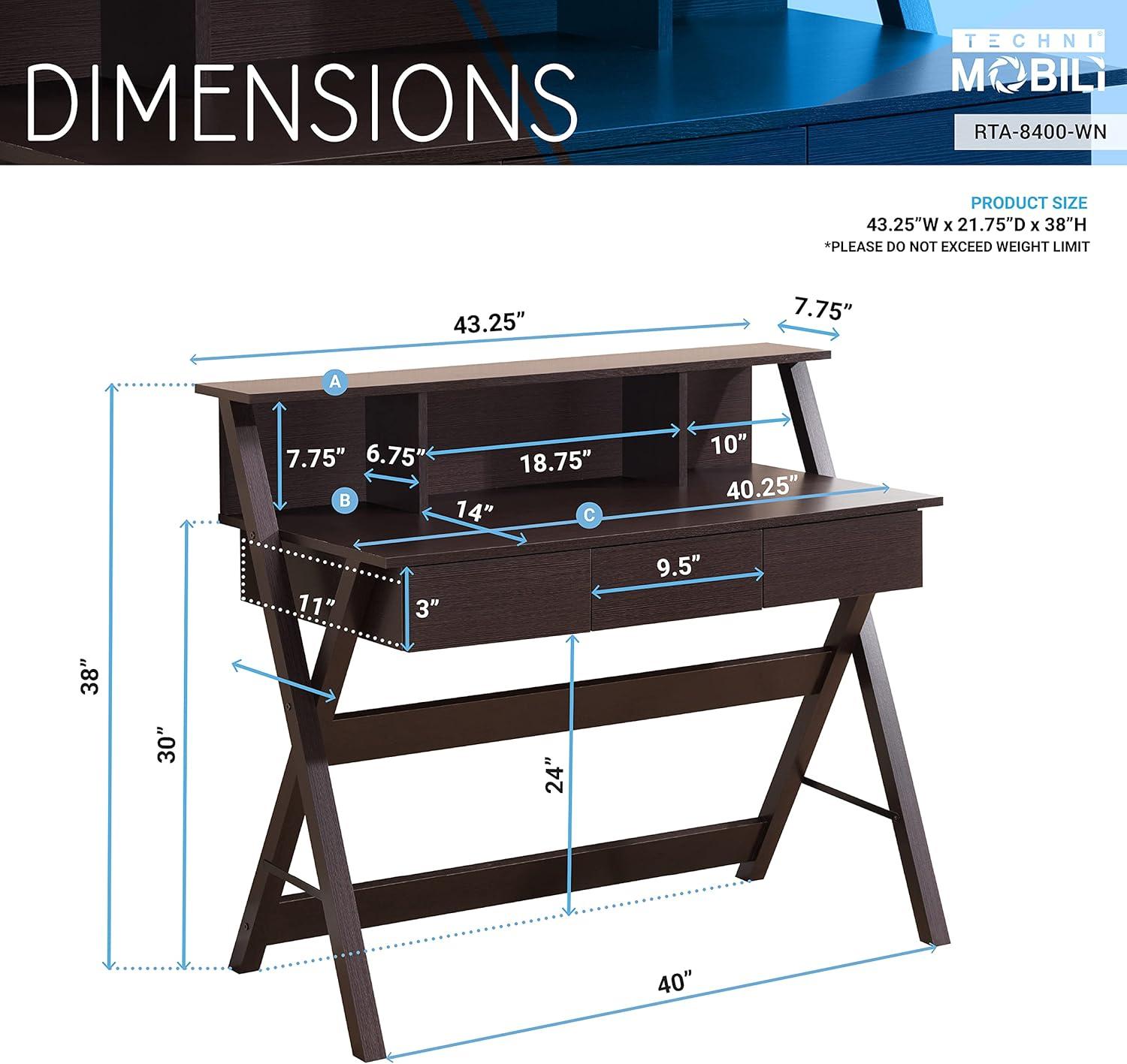 Techni Mobili Fashionable Computer Workstation with Shelf and Storage, Wenge RTA-8400-WN