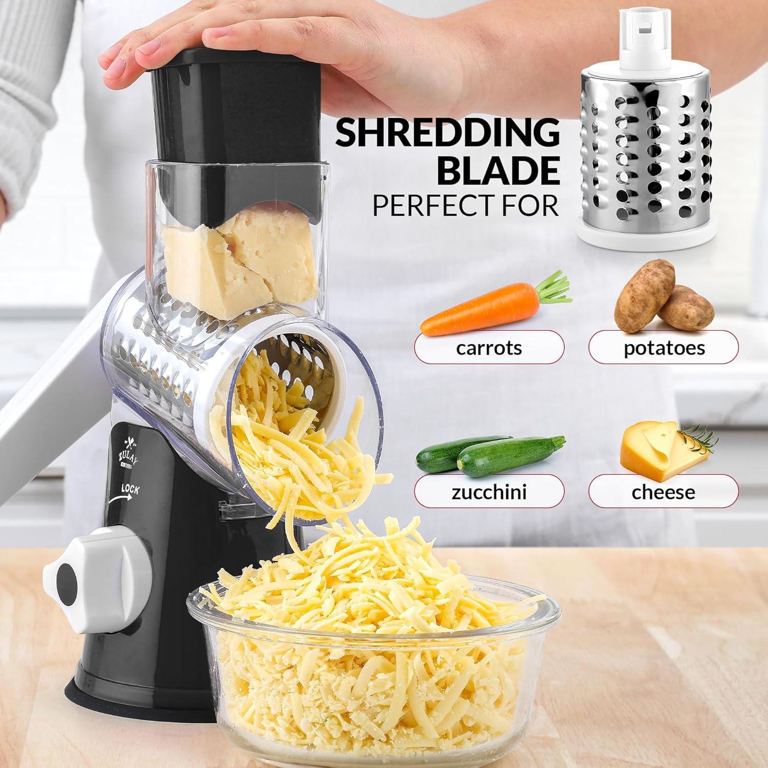 Deluxe Black Rotary Cheese Grater with 3 Stainless Steel Blades