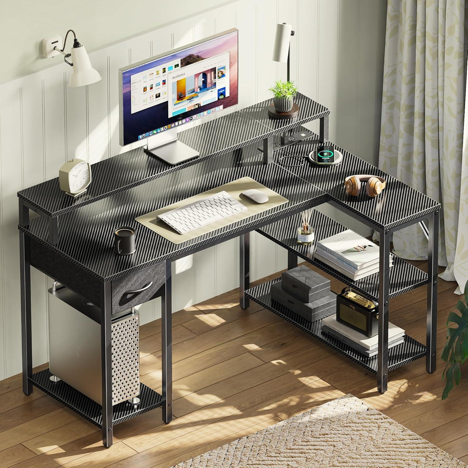 SUPERJARE 47 inch Reversible L Shaped Desk with LED Lights & Power Outlets, Computer Desk with Shelves & Monitor Stand, Gaming Desk with Drawer, Home Office Desk Corner Desk, Carbon Fiber Black