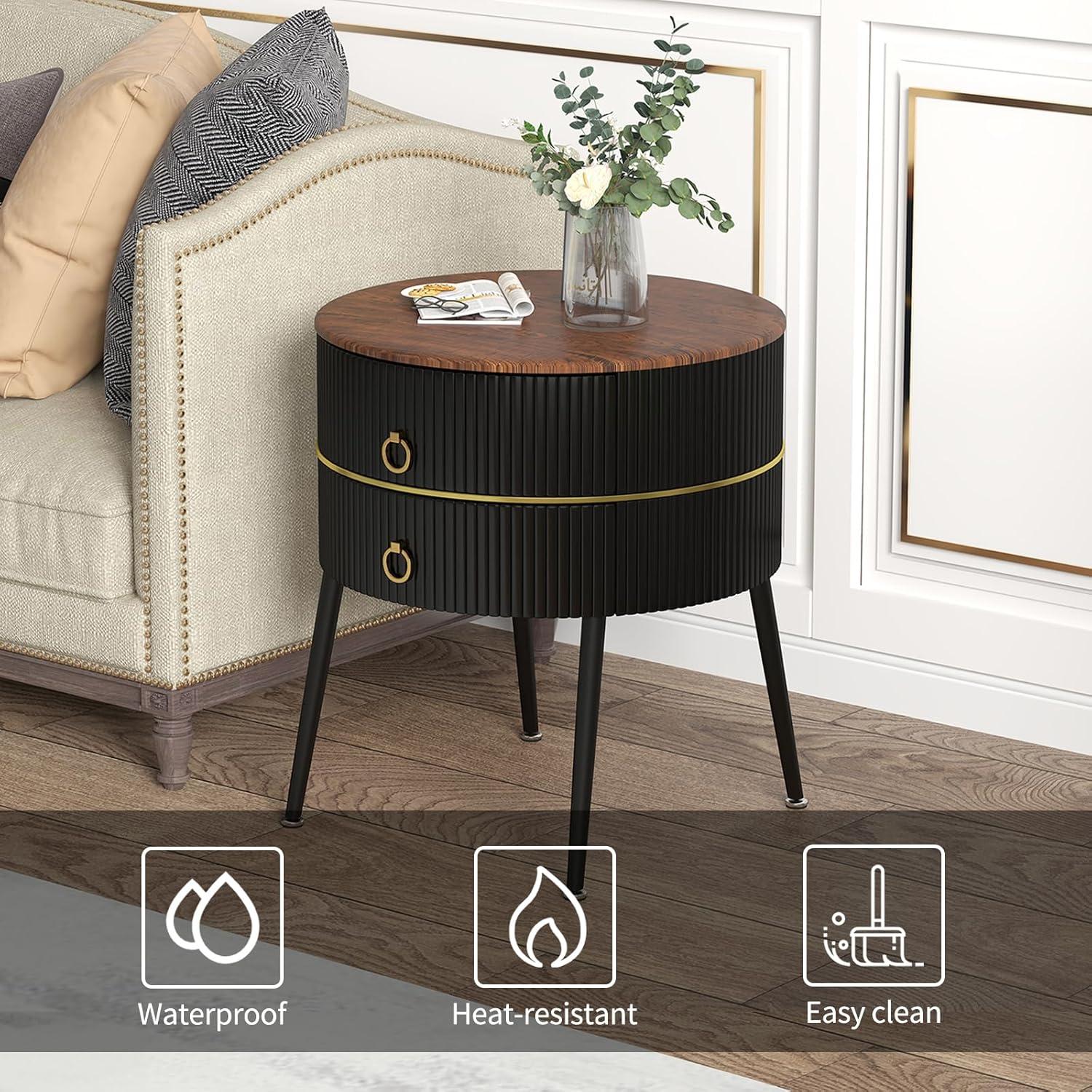 Drevy Black Round Side Table for Living Room, Modern End Table with 2 Drawers, Metal Legs Nightstand for Bedroom, Black & Brown