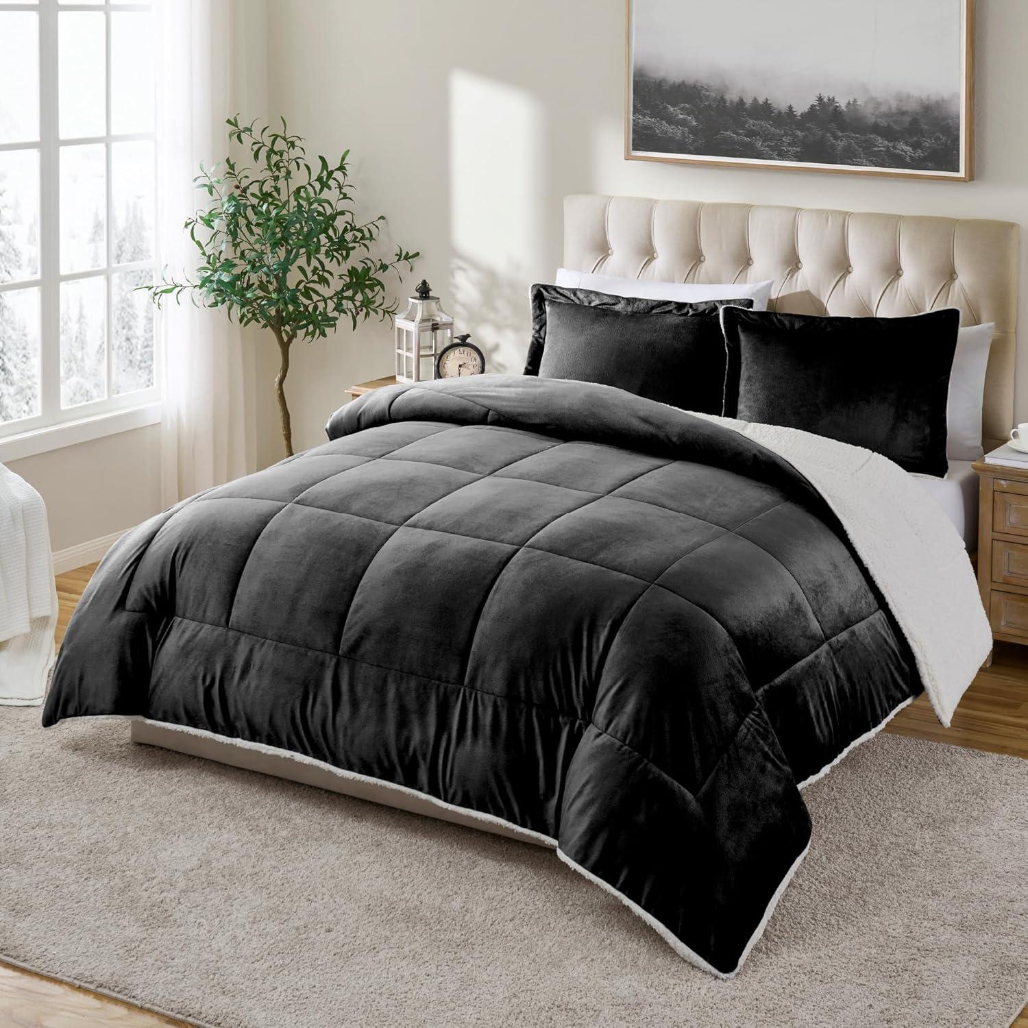 King Black Faux Fur Reversible Comforter Set