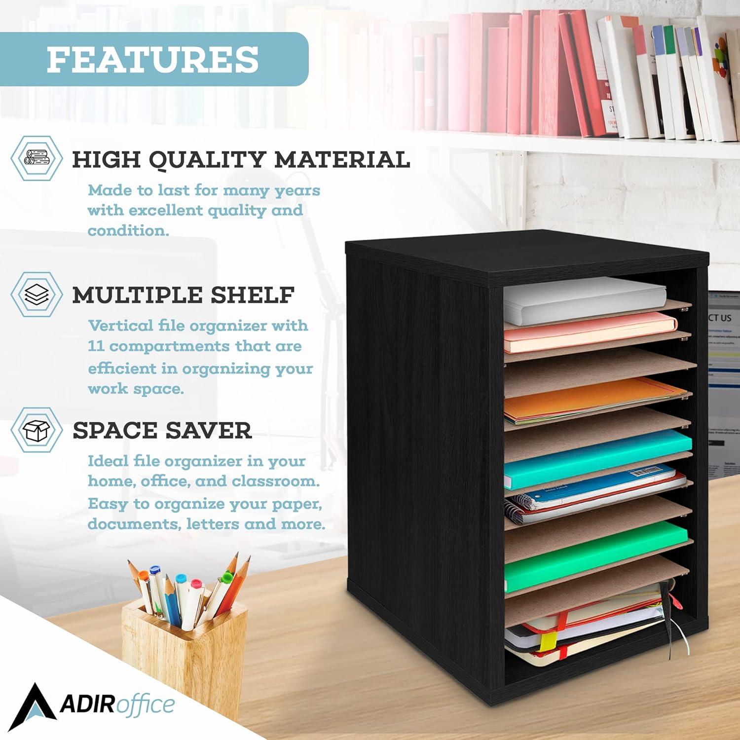 AdirOffice 500 Series 11 Compartment Wooden Literature Organizer  10.75" x 11.8" Black (500-11-BLK)