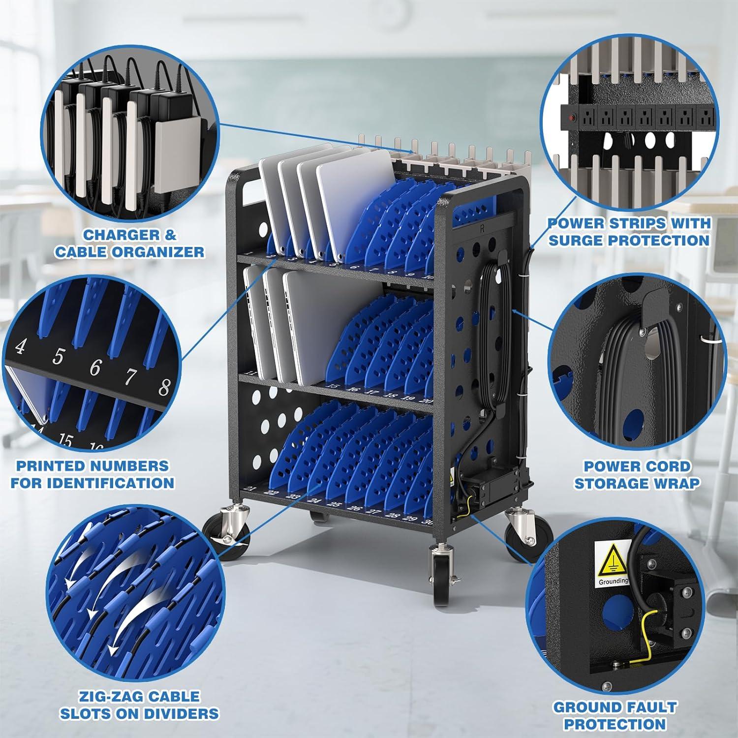 POCHAR 30-Device Chromebook Open Charging Cart, Charging Station Rack for 14" iPad, Laptop - Tablet Organizer Station for Classroom - Laptop Storage Cart with Cable and Charger Organization