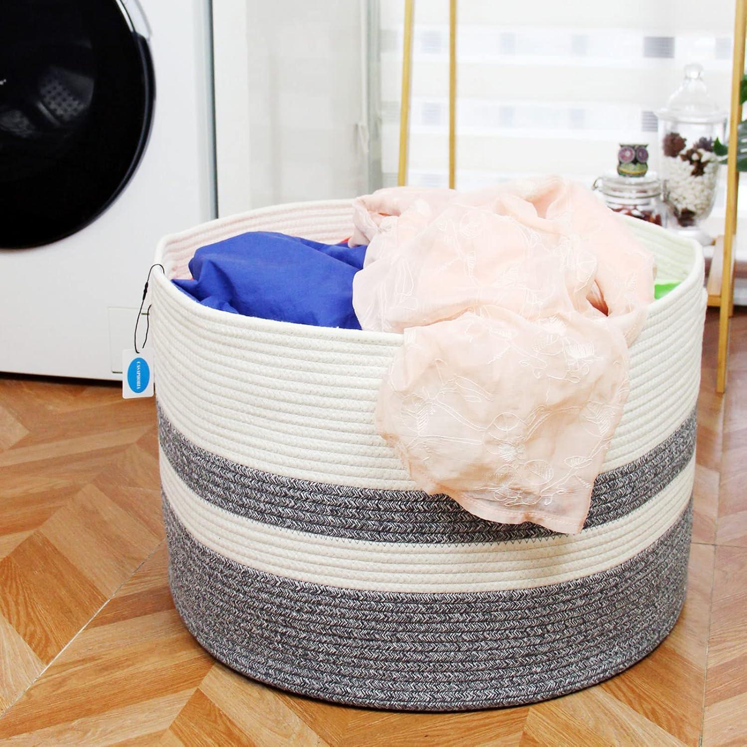 XXXLarge White and Gray Cotton Rope Laundry Hamper