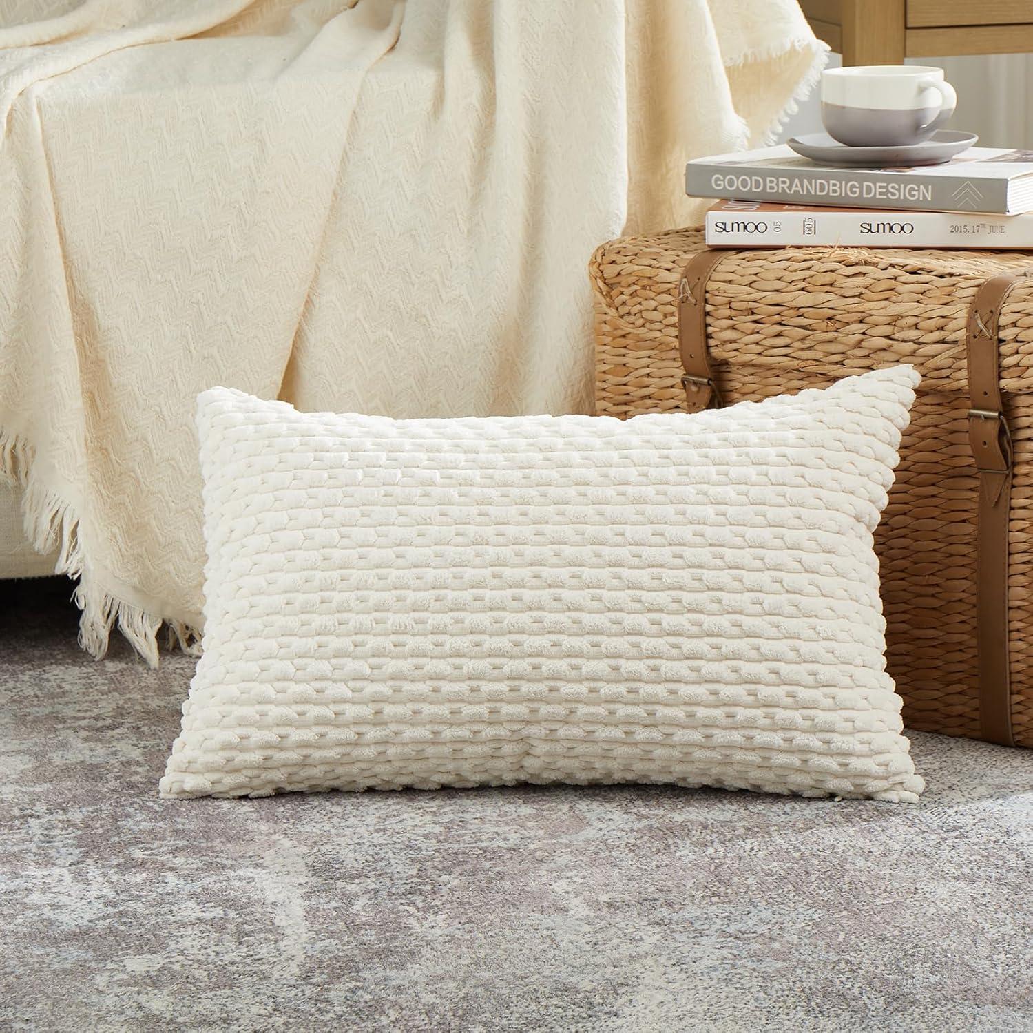 Boho Sage Green Striped Corduroy Pillow Covers - Set of 2 | Farmhouse Rectangle Cushion Cases for Sofa Couch Bed | Soft Decorative Throw Pillowcases - 12x20 Inch Home Decor