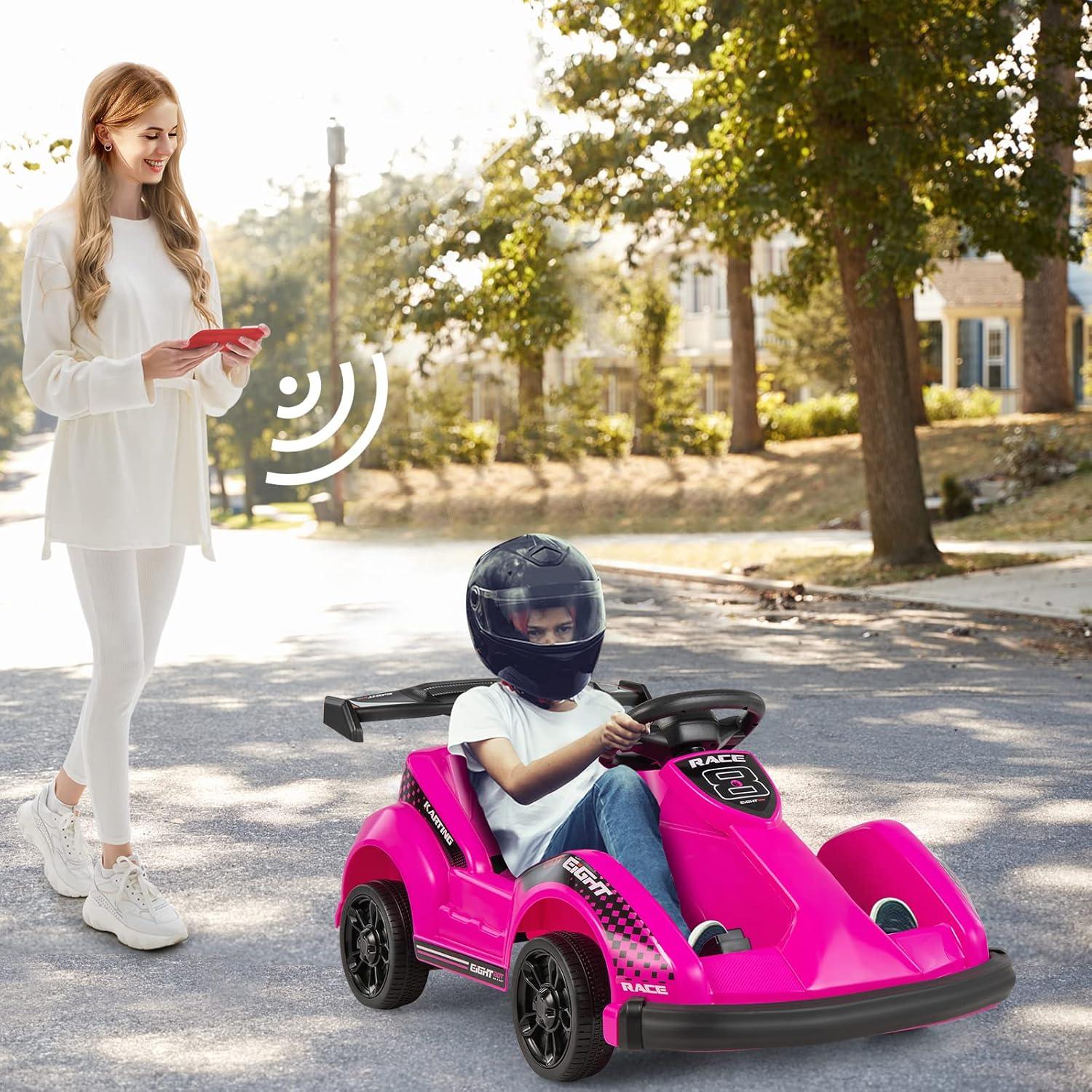 Costway 6V Electric Go Kart for Kids Electric Ride On Car w/ 2.4G Remote Control w/Soft Start Sound and Music Function Pink