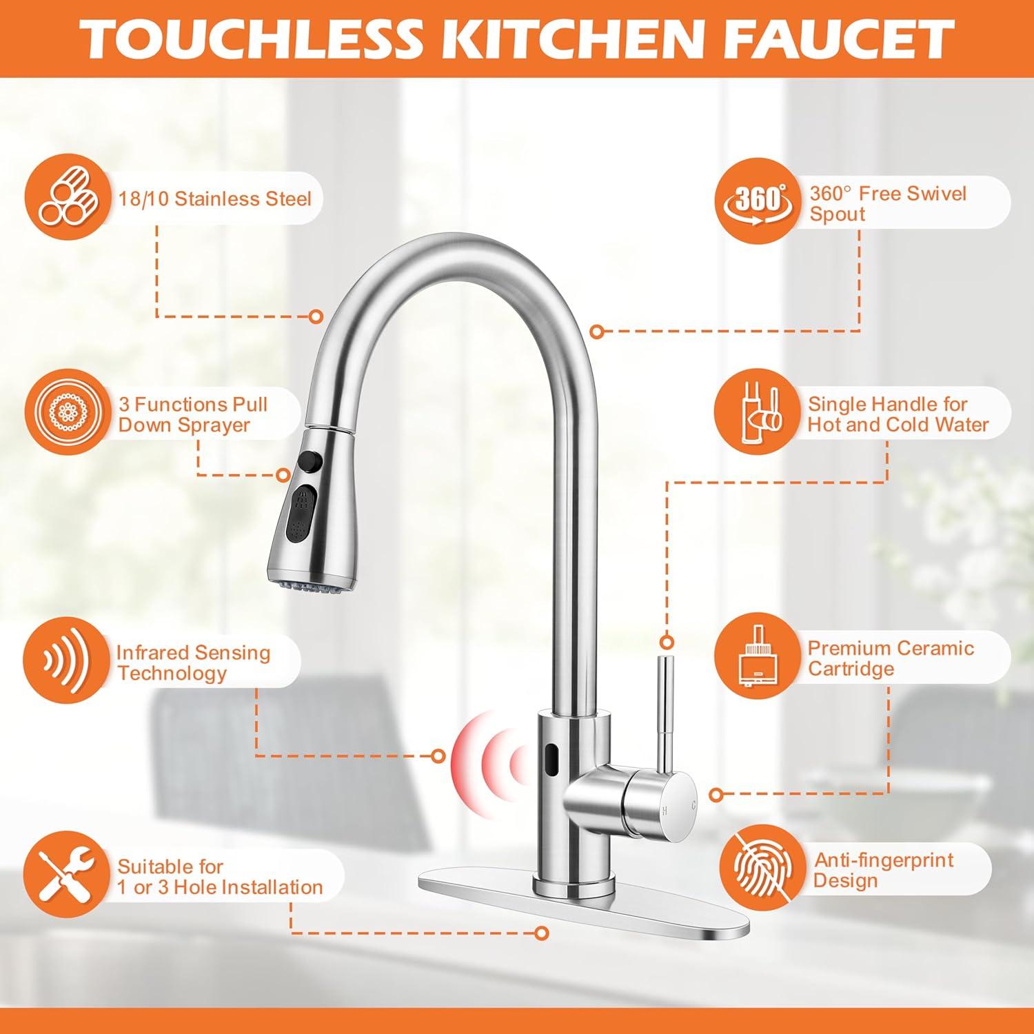 Automatic Smart Mobile Motion Sensor Kitchen Sink Faucet with 3 Modes Pull-Down Sprayer