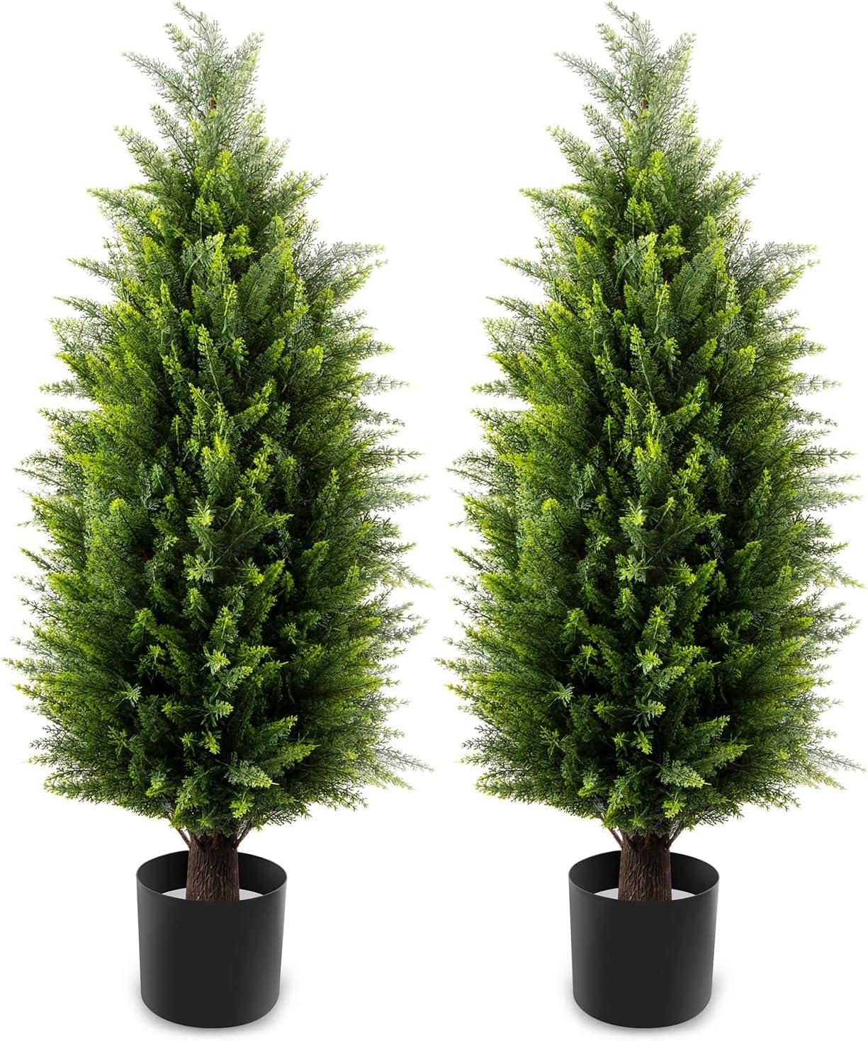 4ft Artificial Cedar Topiary Trees 2 Pack, Beautiful Realistic Artificial Plants for Outdoor, UV Protection Potted Plants Artificial Shrubs for Outdoor, Indoor, Office, Front Porch Decor.