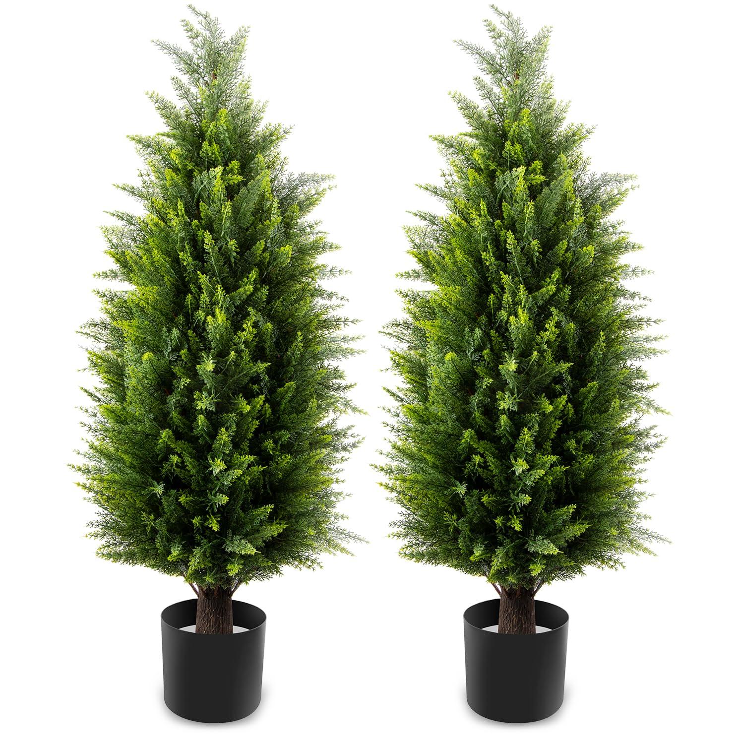 4ft Artificial Cedar Topiary Trees 2 Pack, Beautiful Realistic Artificial Plants for Outdoor, UV Protection Potted Plants Artificial Shrubs for Outdoor, Indoor, Office, Front Porch Decor.