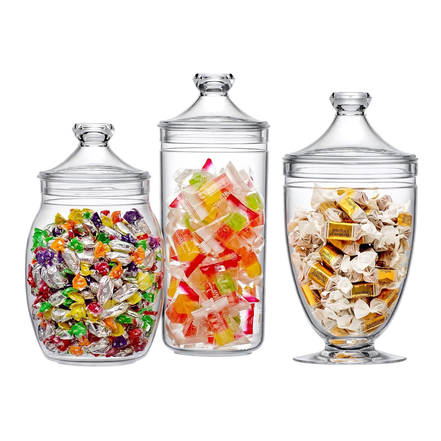 Amazing Abby - Adore - Plastic Apothecary Jars (3-Piece Set, 52/46/46 oz), Acrylic Jars with Lids, Bathroom Canisters, Candy Buffet, Wedding Display, BPA-Free and Shatter-Proof (NOT Glass)