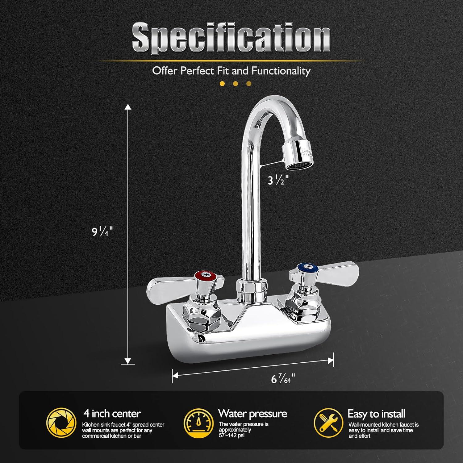 KWODE 4 Inch Center Commercial Hand Sink Faucet with 3-1/2”Gooseneck Spout, Dual Lever Handle Wall Mount Kitchen Sink Faucet, Brass Constructed, Chrome