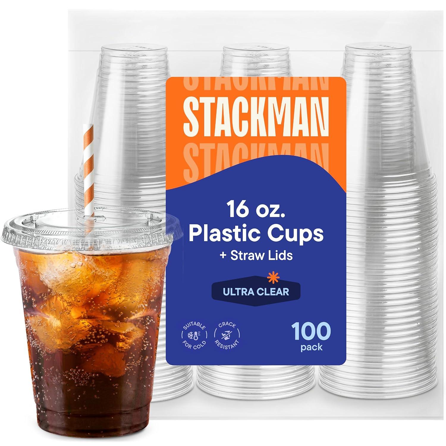 Stack Man Clear Plastic Cups with Lids 12 oz [100 Sets] Disposable Iced Coffee Cups with Straw Lids