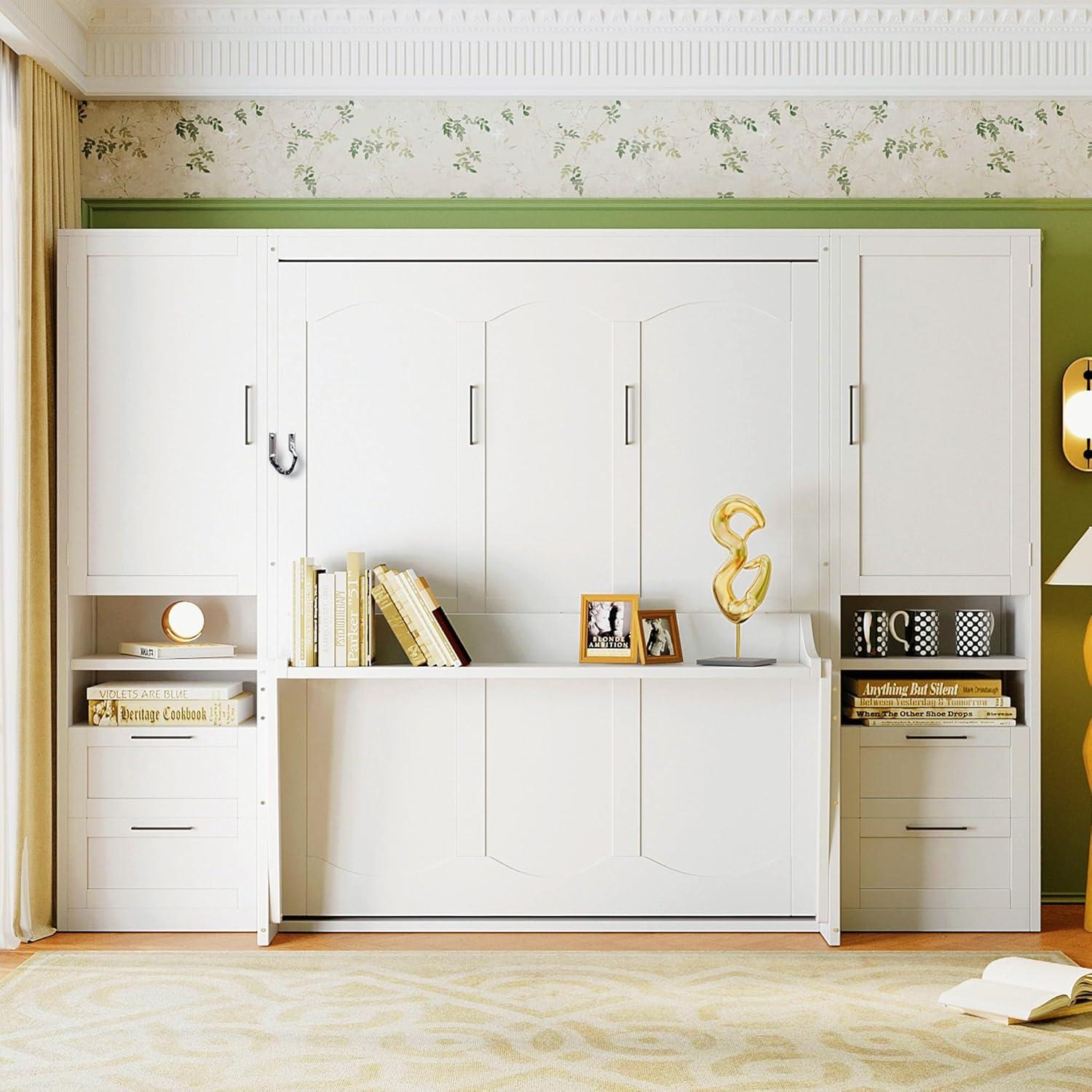 Harper & Bright Designs Queen Size Murphy Bed, Wooden Queen Wall Bed with Closet, Drawers and Shelves, White