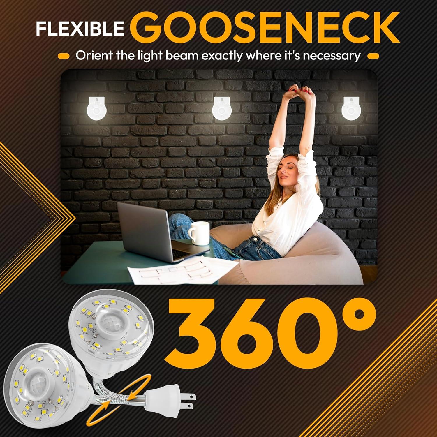 LED Motion-Activated Directional Rotating Flexible Sensor Dusk to Dawn Night Light AC Outlet Plug-in Wall Stair Lamp Indoor 360° Bedroom Hallway Stairway Garage Basement Corridor