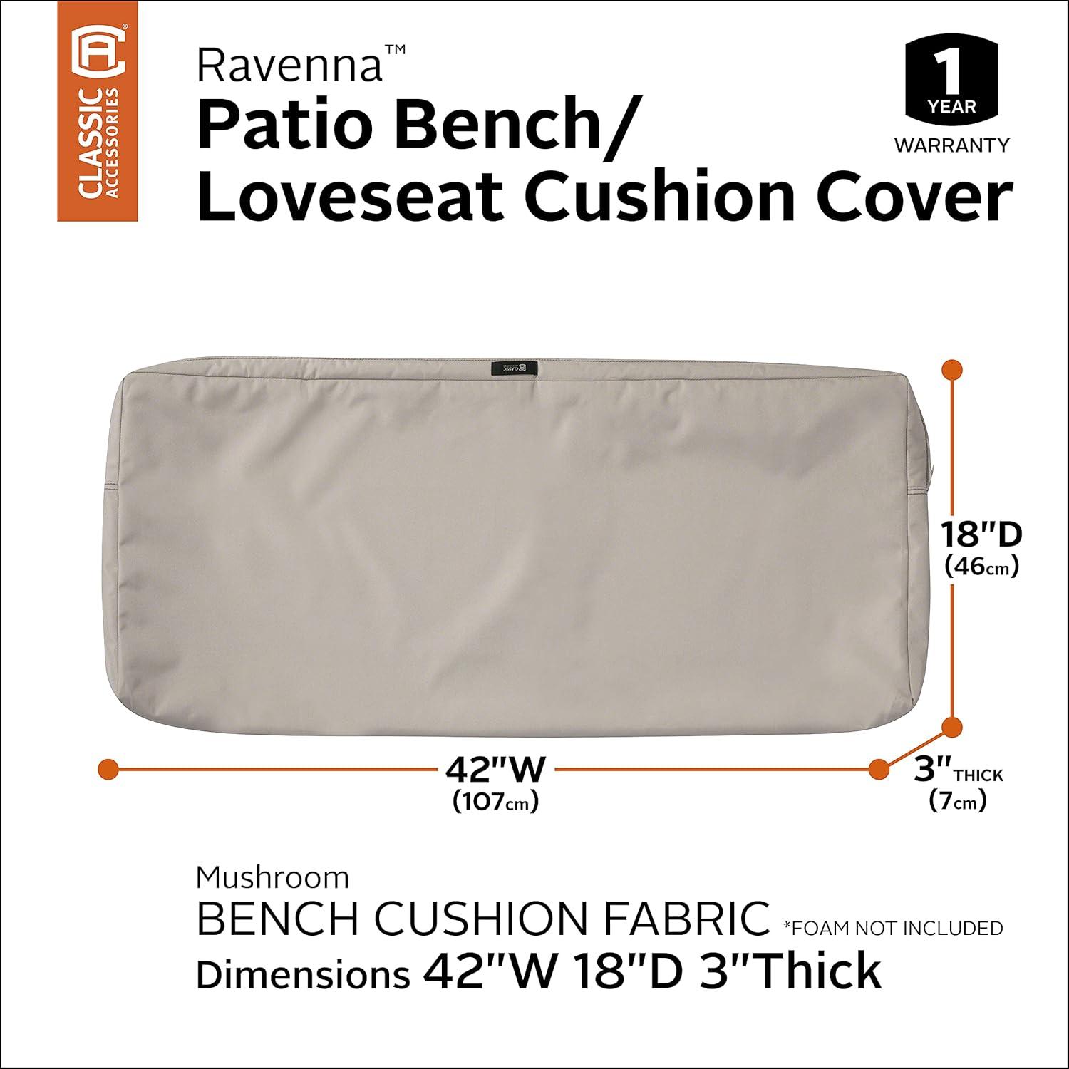 Classic Accessories Ravenna Water-Resistant Patio Bench/Settee Cushion Cover, 42 x 18 x 3 inch, Mushroom