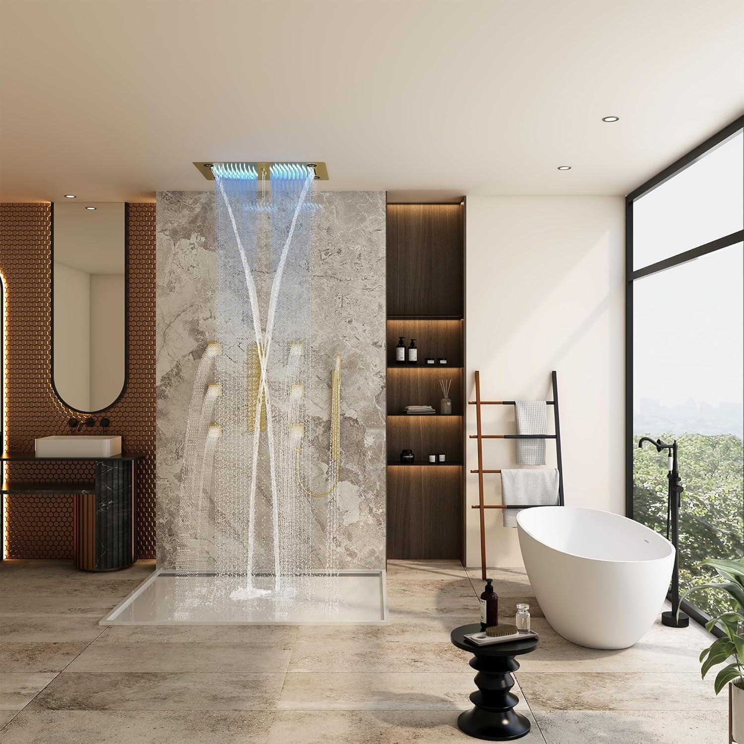 CASAINC KCHS0021-LEDBG Rodeo 27.5-Inch LED&Music Rainfall Thermostatic Shower System with Slide Bar and 2-in-1 Handheld