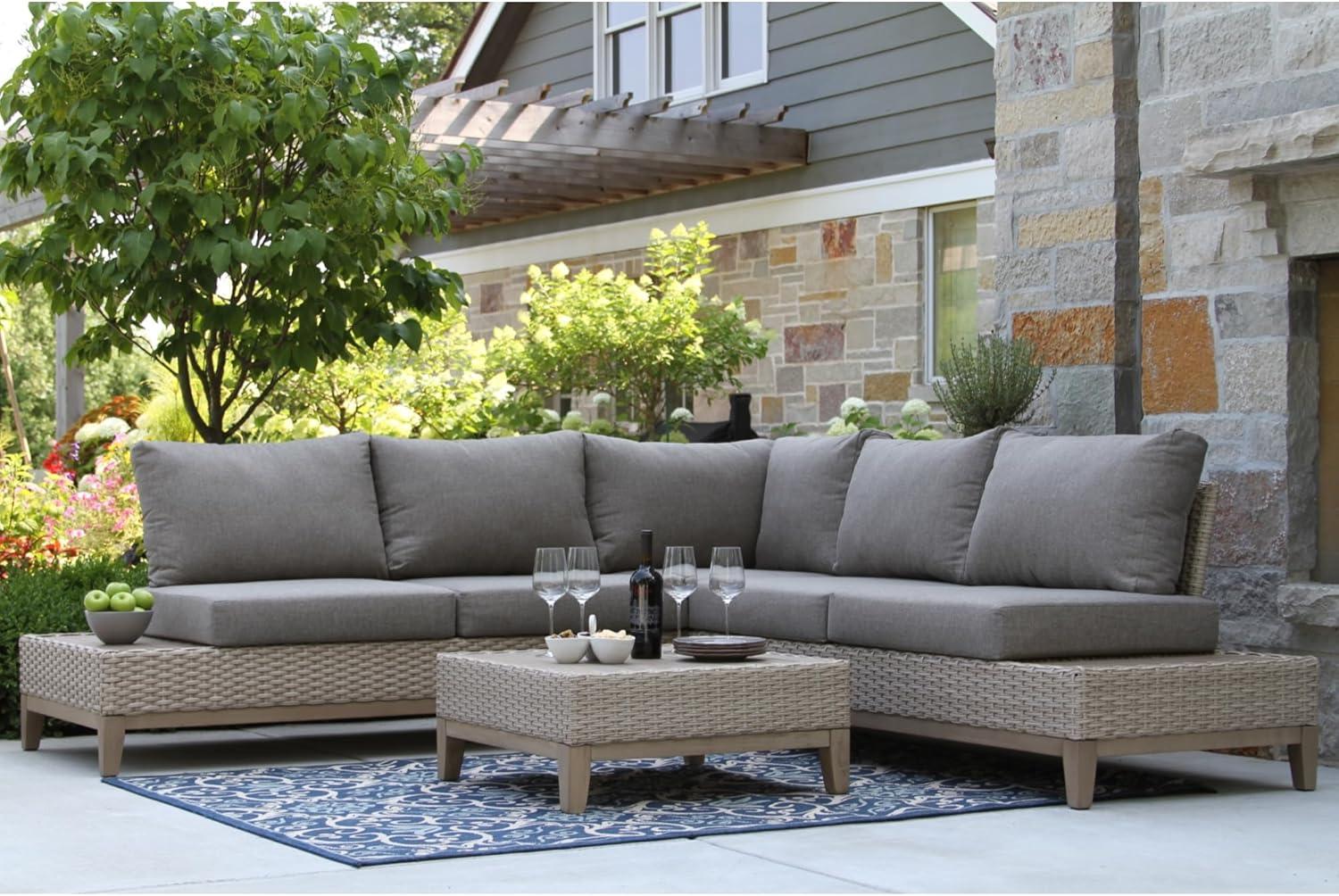 Eucalyptus and Beige Wicker 6-Person Sectional Patio Set