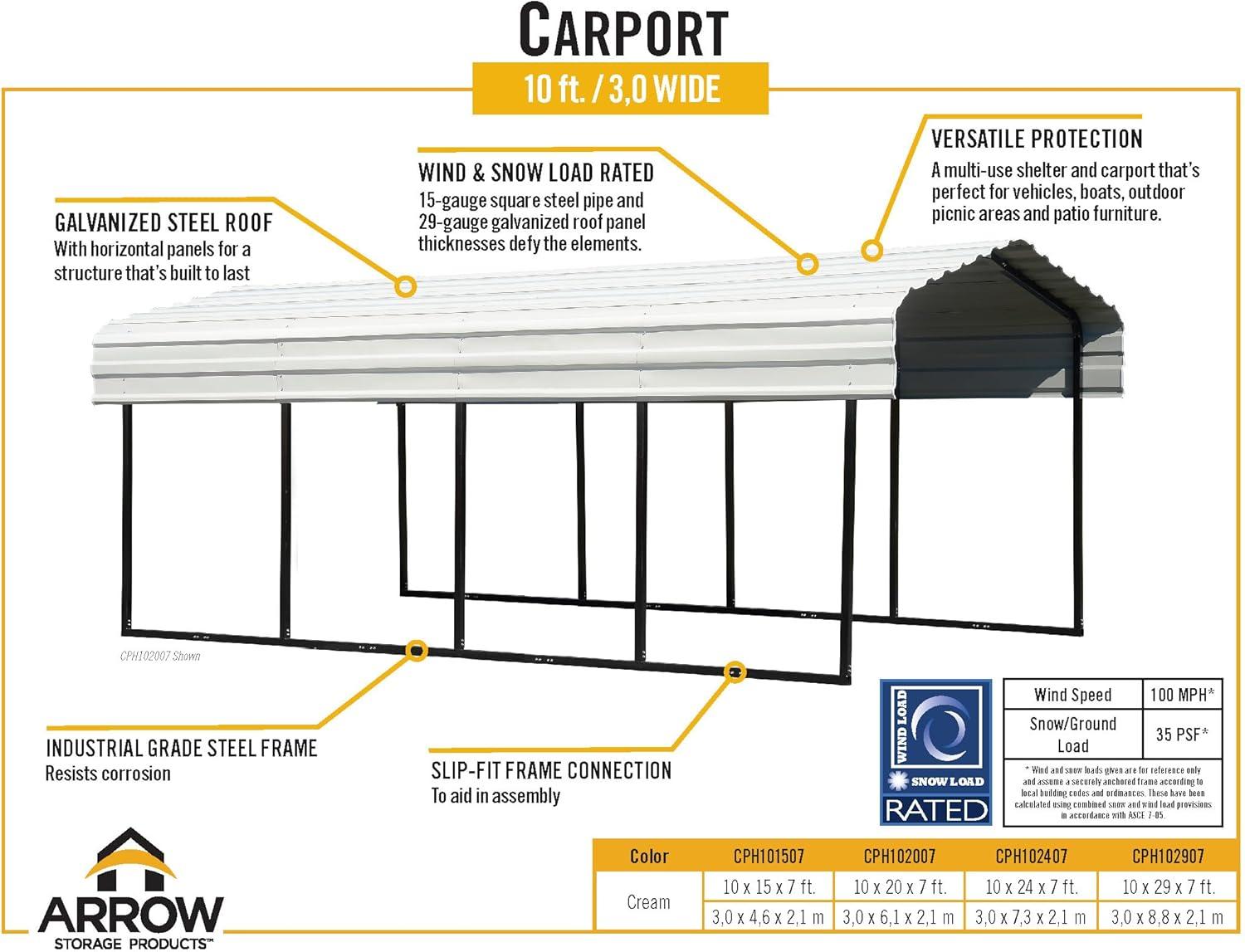 Arrow Carports Galvanized Steel Carport, Compact Car Metal Carport Kit, 10' x 15' x 7', Eggshell