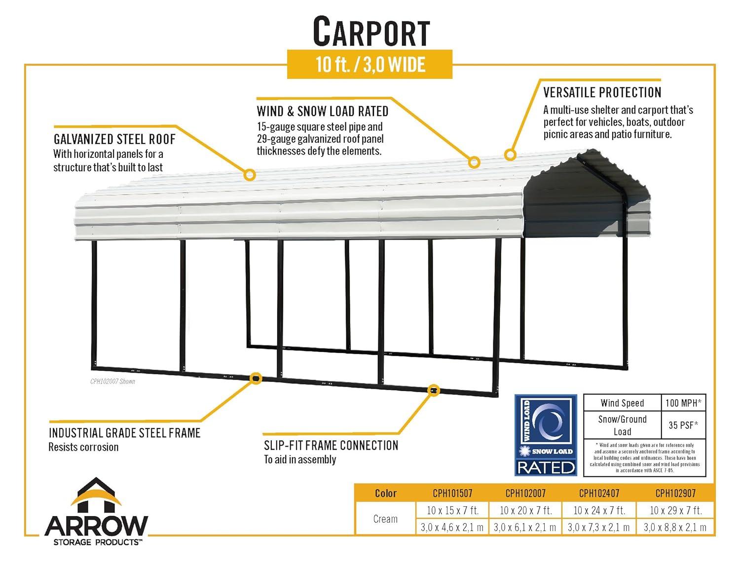 Arrow Steel Carport 10 x 15 x 7 ft. Galvanized Black/Eggshell