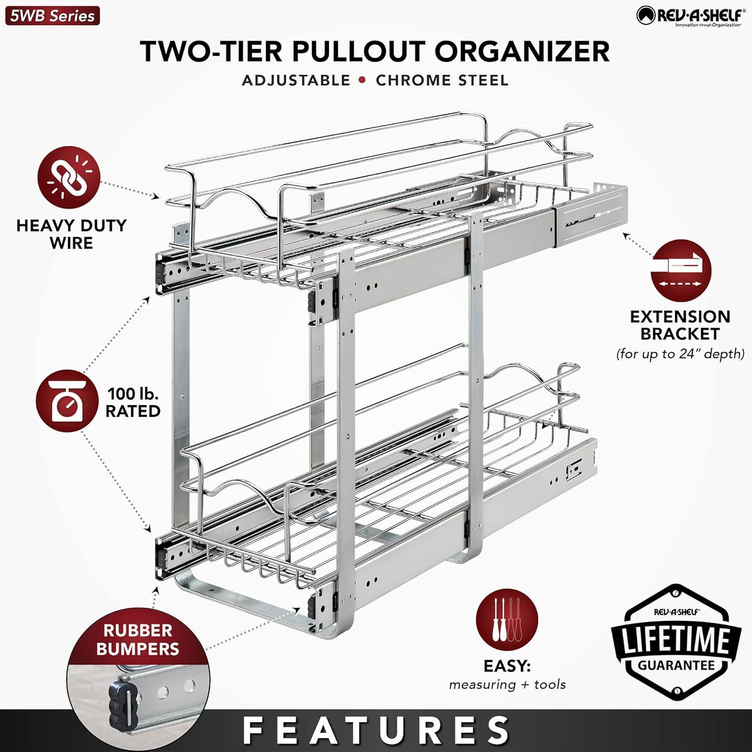 Rev-A-Shelf 5WB2 2-Tier Wire Basket Pull Out Shelf Storage for Kitchen Base Cabinet Organization, Chrome