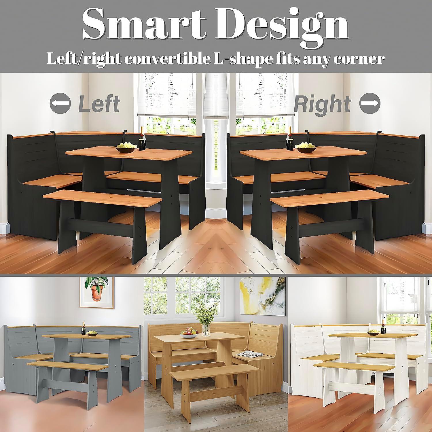 Breakfast Nook Corner Dining Table Kitchen Bench Chair Set, Space-Saving 3-5 People Seat Reversible L-Shape for Family Home White Wood