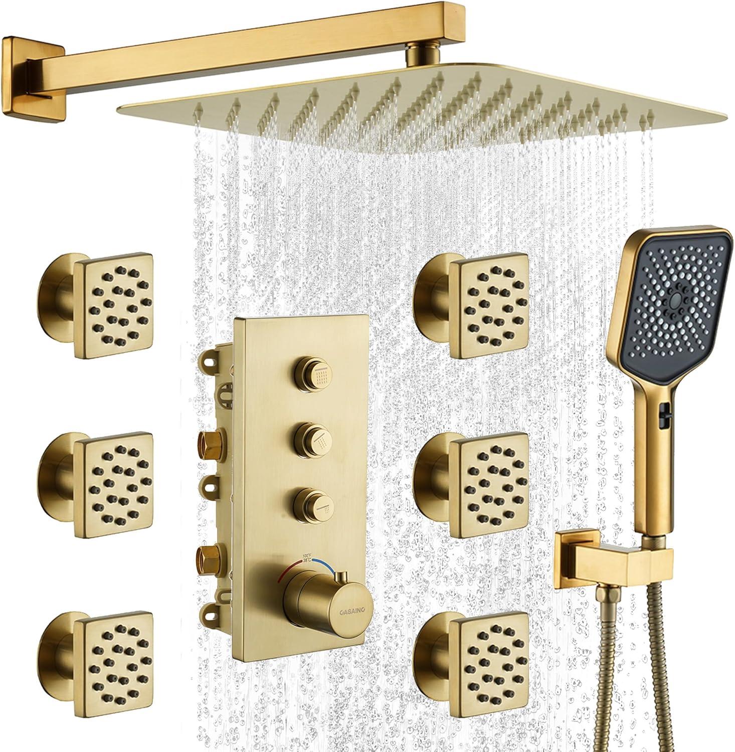 3 Functions 12 Inch Wall Mount Thermostatic Shower System with 6 Body Jets