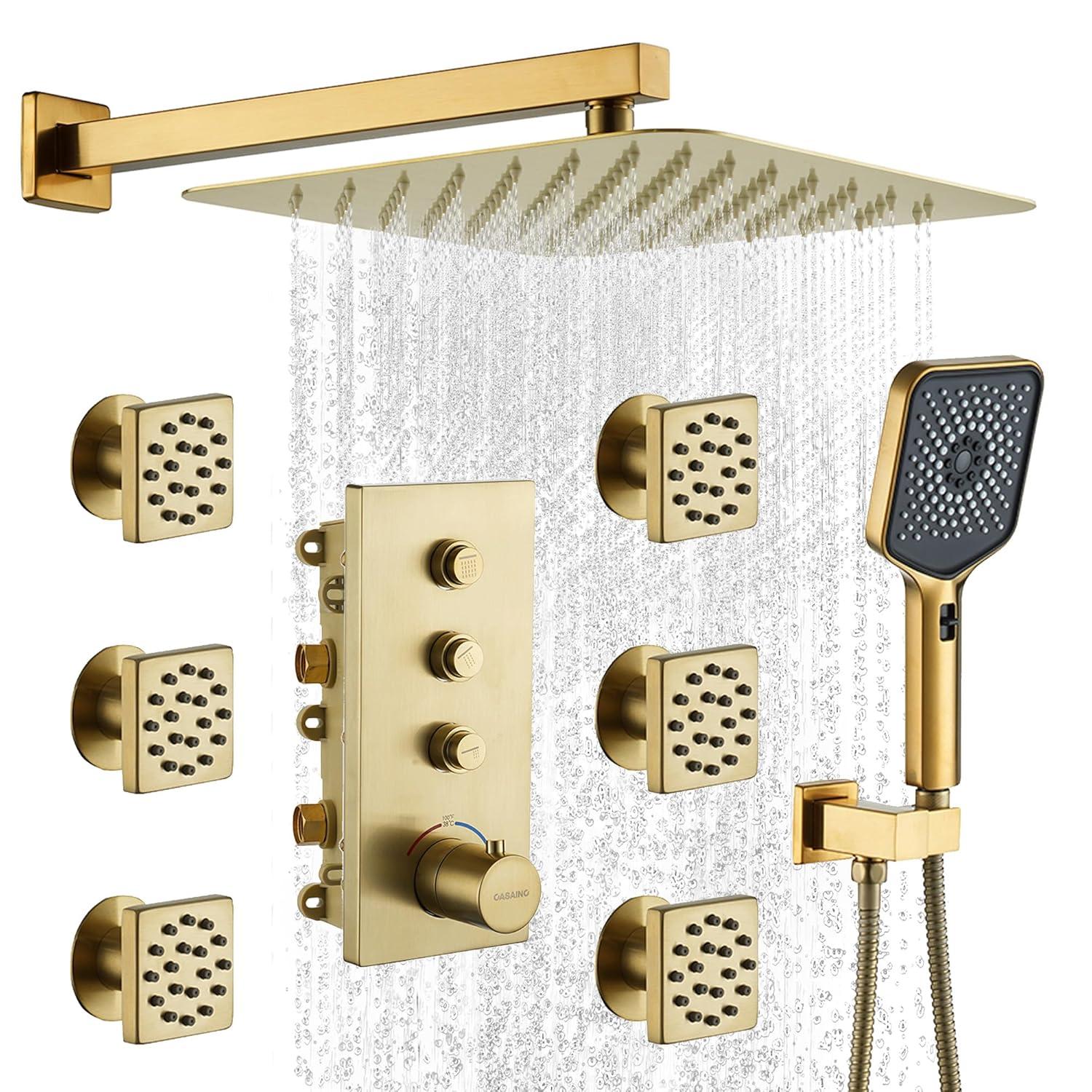 3 Functions 12 Inch Wall Mount Thermostatic Shower System with 6 Body Jets