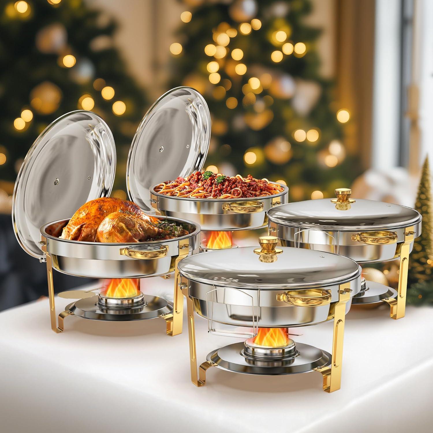 WARMOUNTS Chafing Dish Buffet Set, 5QT 4 Pack Gold Accent Stainless Steel Chafers and Buffet Warmers Sets with Glass Lid & Lid Holder for Parties Catering Events Weddings Banquets
