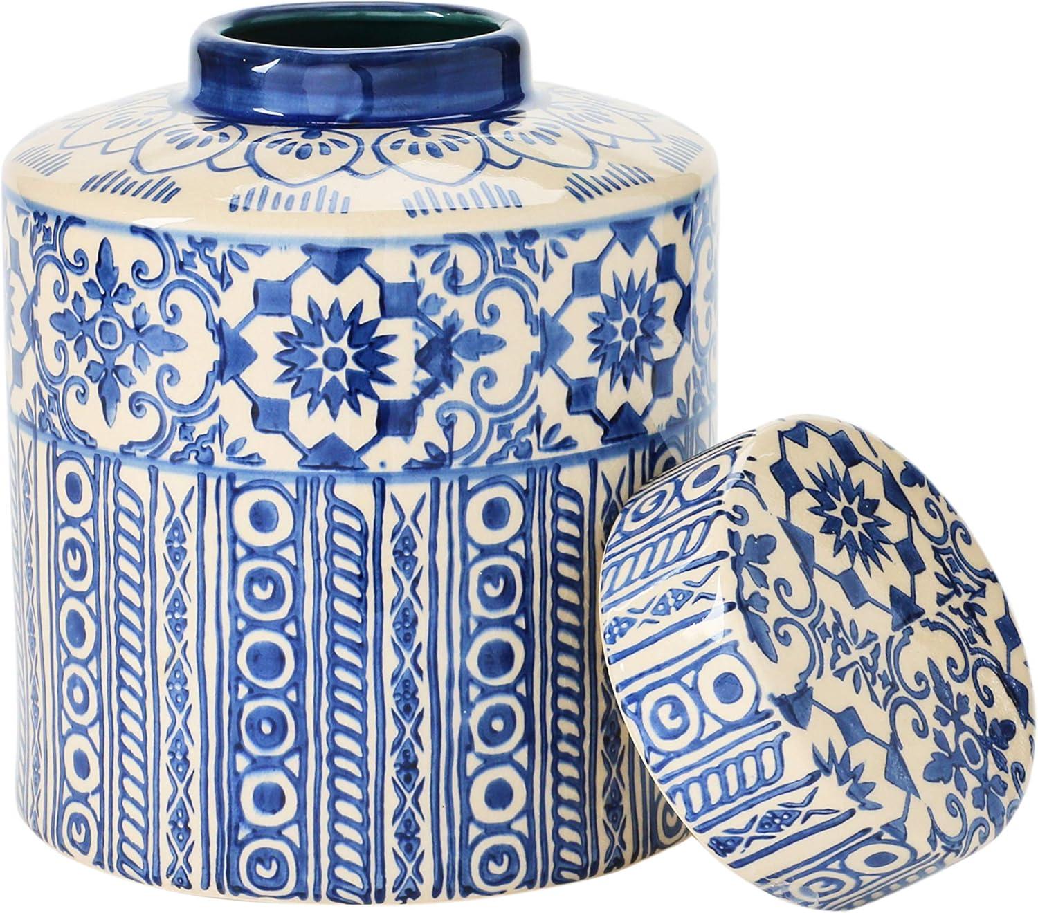 Elegant Blue & Cream Stoneware Ginger Jar, 8"W x 10.25"H