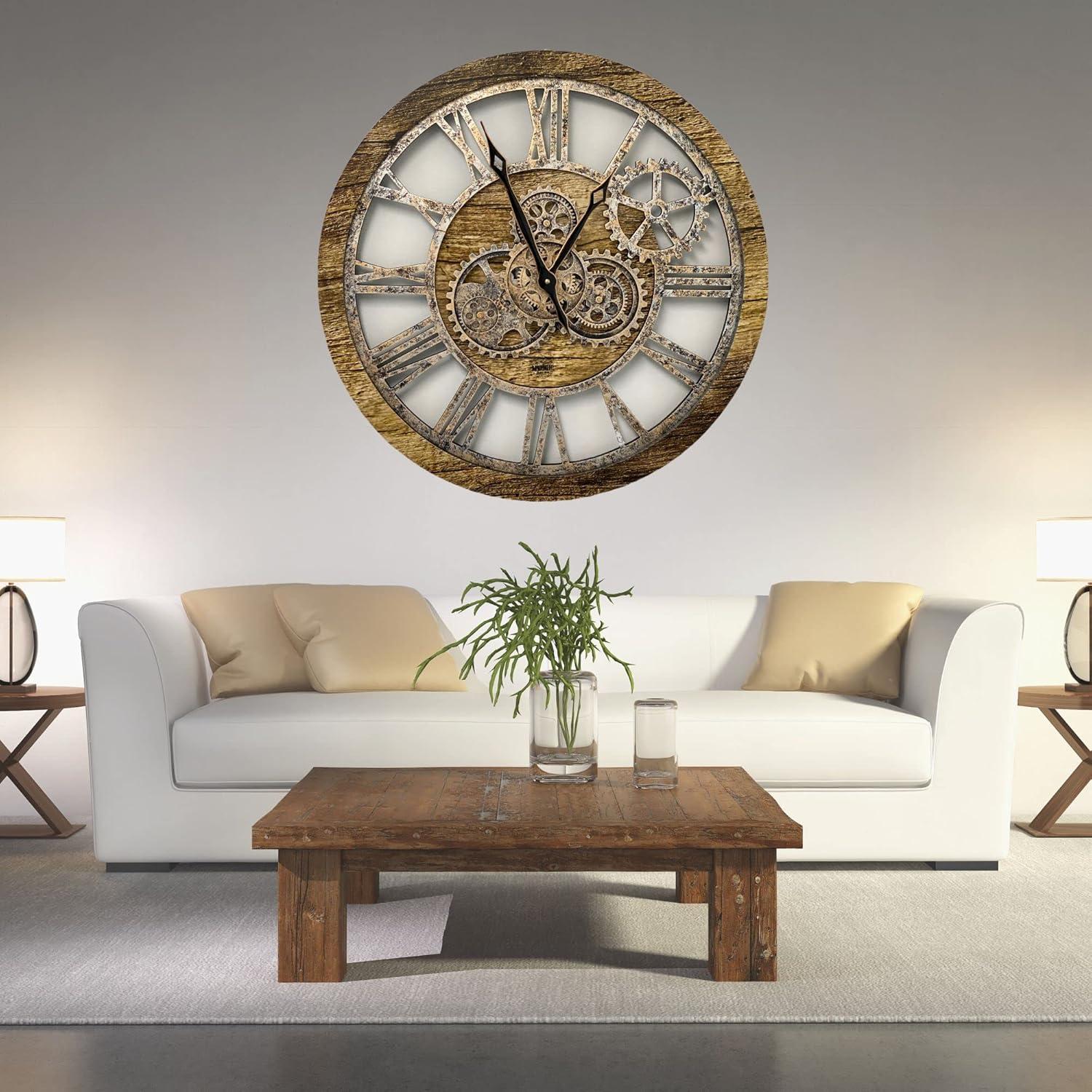 The Gears Clock Wall Clock 24" Round Oversized for Living Room decor with Real Moving Gears America Collection