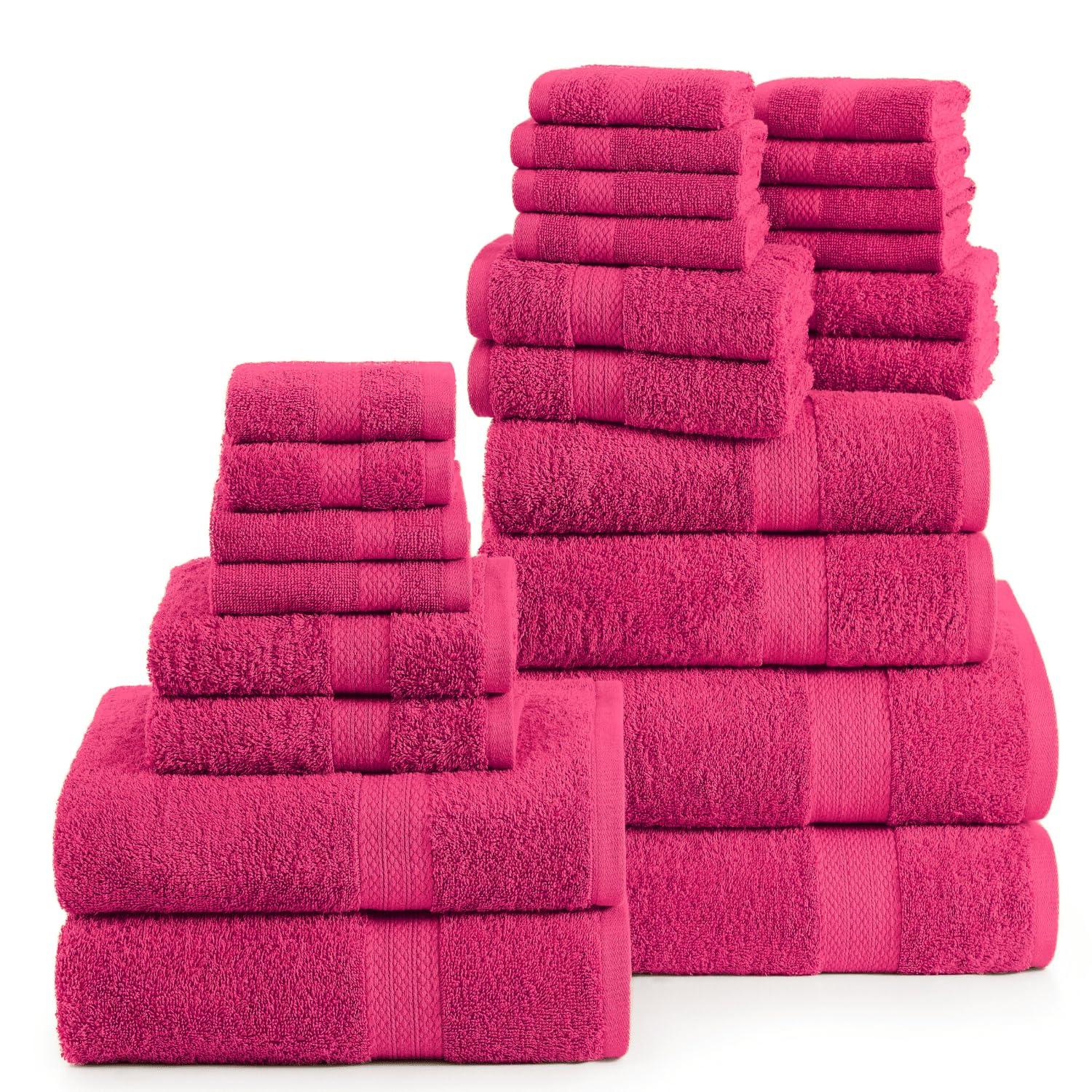 LANE LINEN 100% Cotton Bathroom Towel Set - 24 Pcs - Ring Spun, Super Soft & Highly Absorbent - 2 Bath Sheets, 4 Fingertip, 4 Bath, 6 Hand Towels, 8 Washcloths - Wide Variety of Colours - Fuchsia
