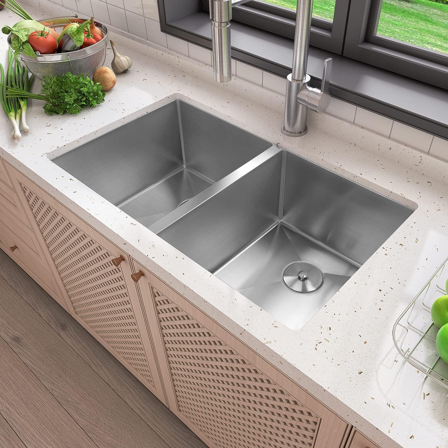 Sinber 32" x 19" Undermount Double Bowl Kitchen Sink with 18 Gauge 304 Stainless Steel Satin Finish