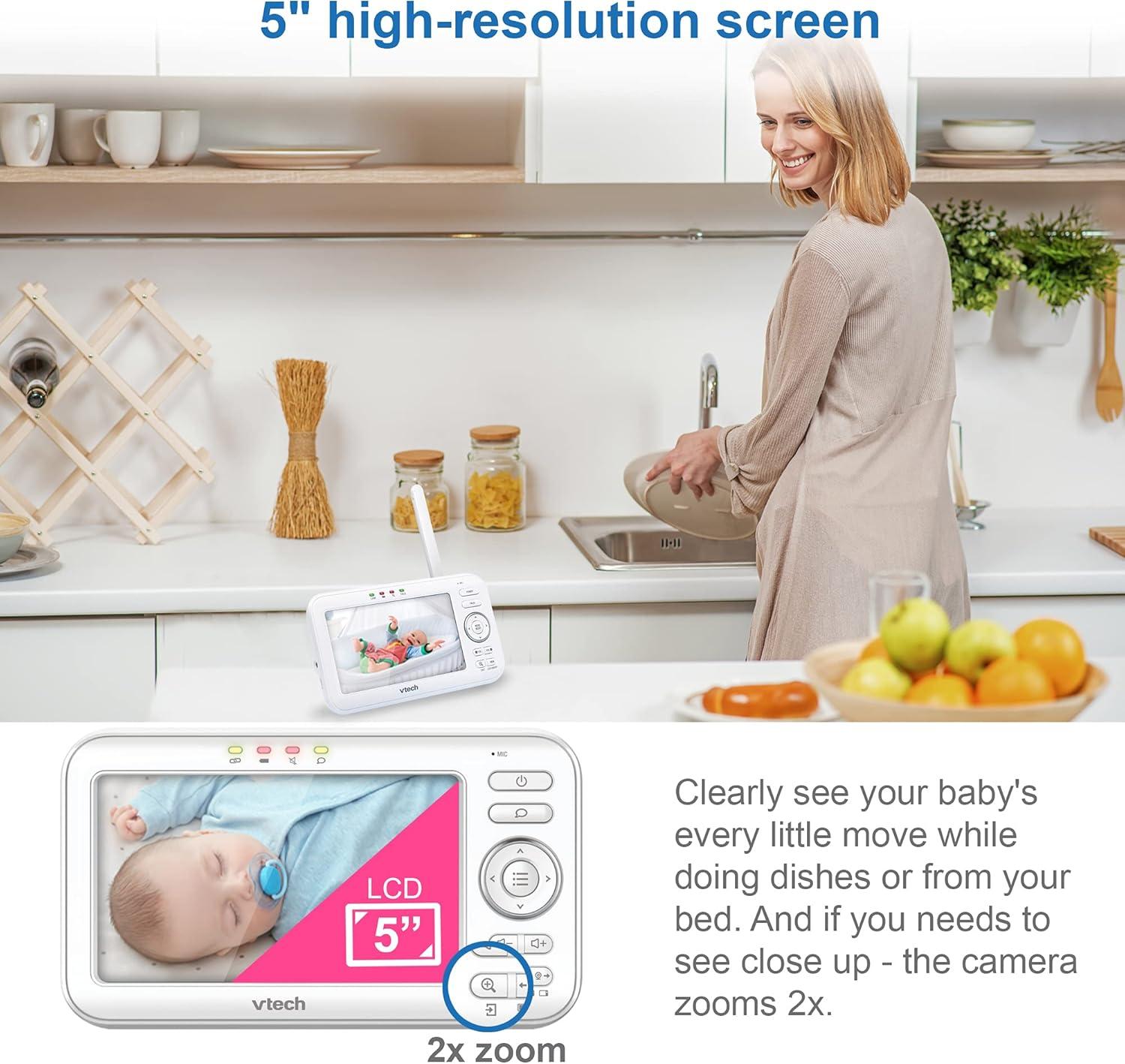 VTech [Upgraded] VM Video Baby Monitor 720p 5" LCD with 2 Cameras, Battery 12 Hrs, Pan Tilt Zoom, Color Night Light, Glow On The Ceiling Projection, Two-Way Talk