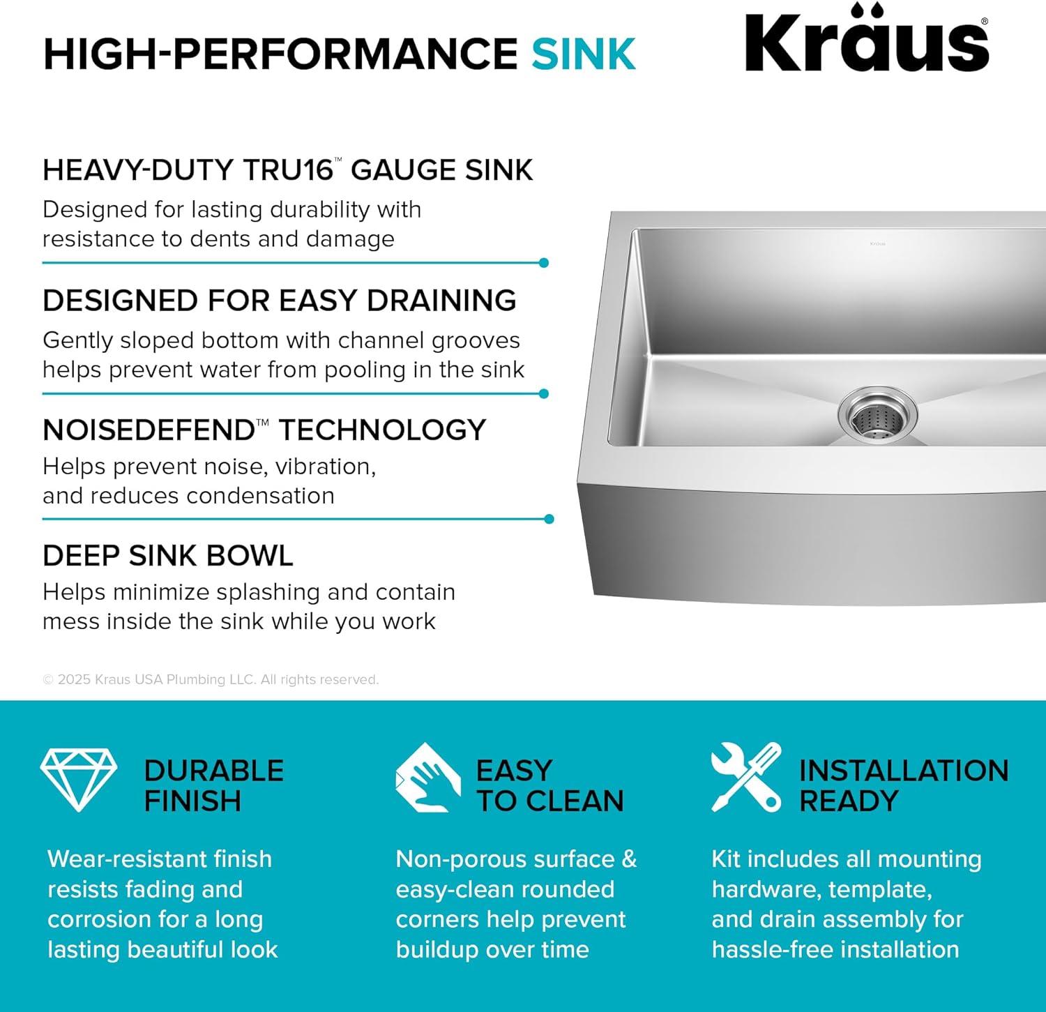 KRAUS Standart Pro Apron Front Farmhouse 16 Gauge Single Bowl Stainless Steel Kitchen Sink
