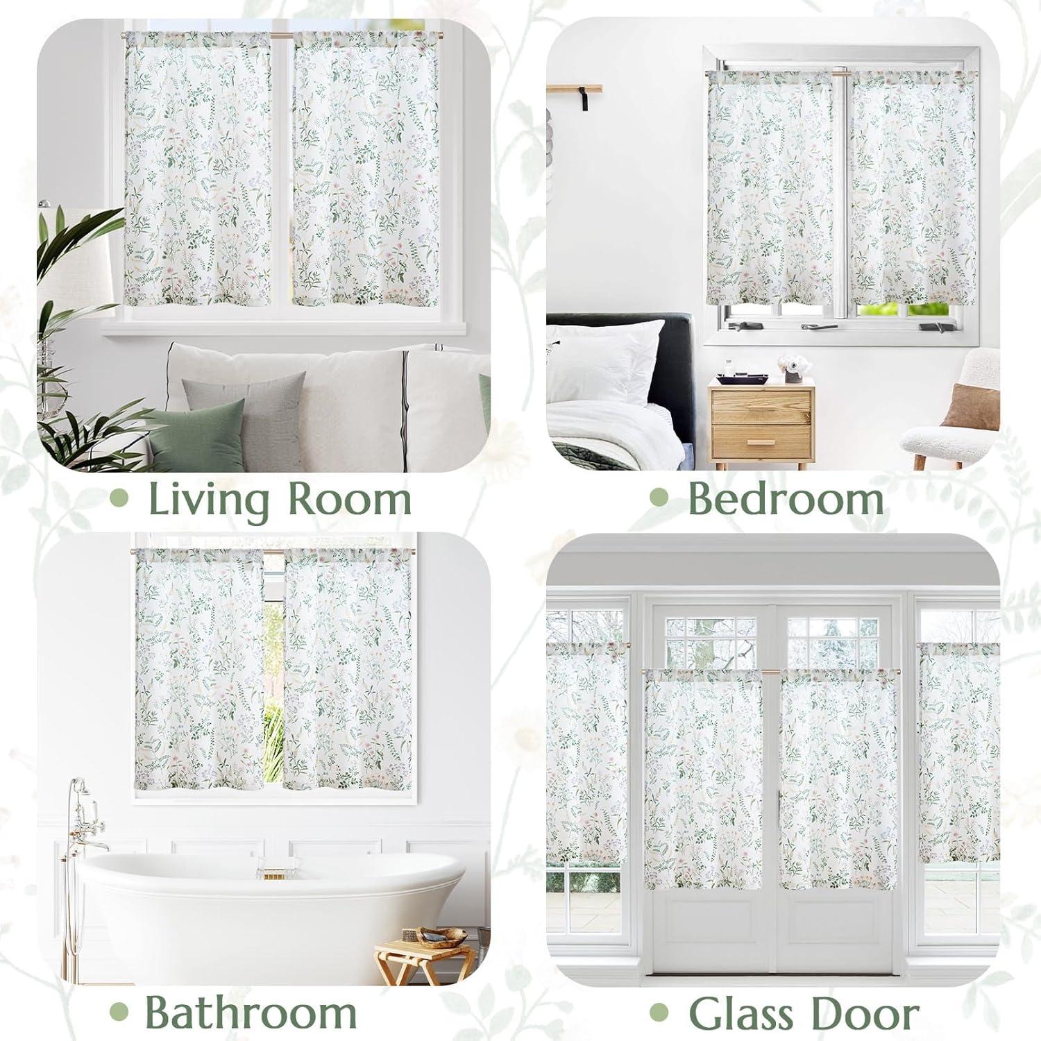 jinchan Floral Kitchen Curtains for Windows 36 Inch Linen Tier Farmhouse Cafe Curtains Country Botanic Small Window Rod Pocket Rustic Flax for Laundry Bathroom RV 2 Panels Sage Green on Beige