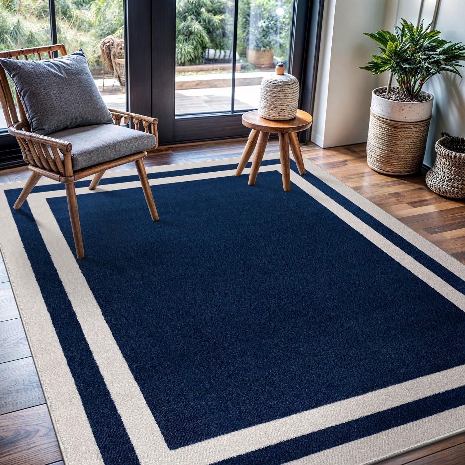 CAMILSON Crystal Navy Blue Area Rug, 6'7"x9' Bordered, for Living Room, Bedroom, Dining Room Navy Blue / Cream Indoor Area Rugs