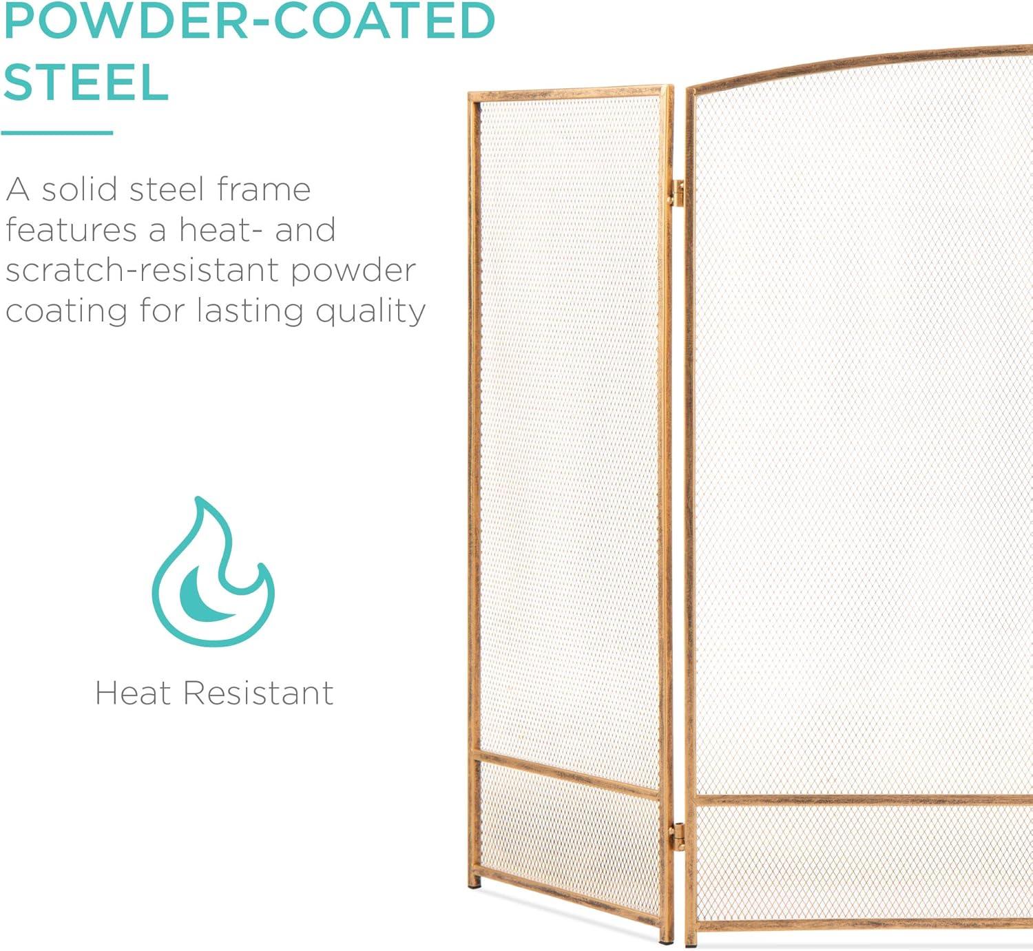 Best Choice Products 47.5x27.25in 3-Panel Steel Mesh Fireplace Screen, Spark Guard w/ Rustic Worn Finish - Antique Gold