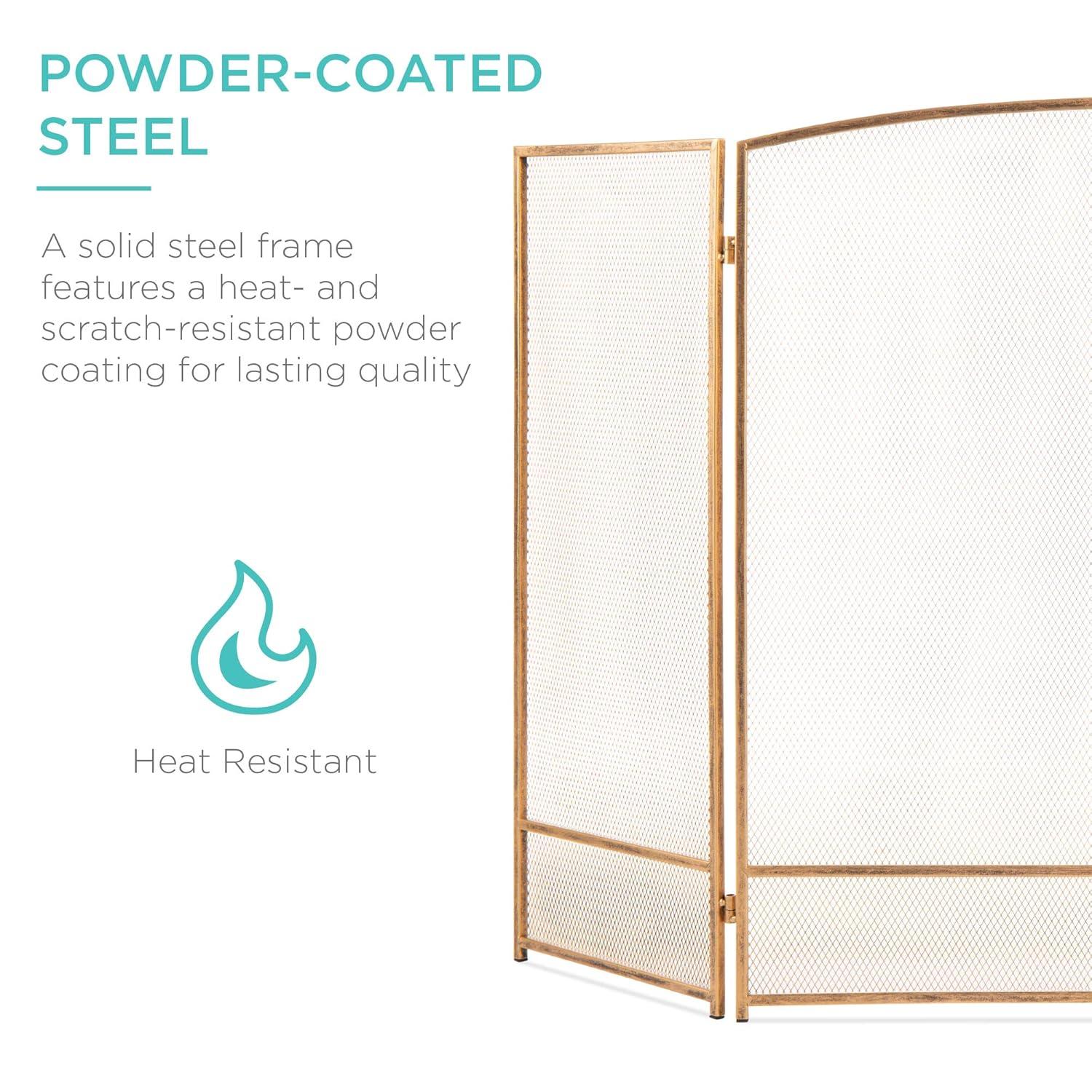 Best Choice Products 47.5x27.25in 3-Panel Steel Mesh Fireplace Screen, Spark Guard w/ Rustic Worn Finish - Antique Gold