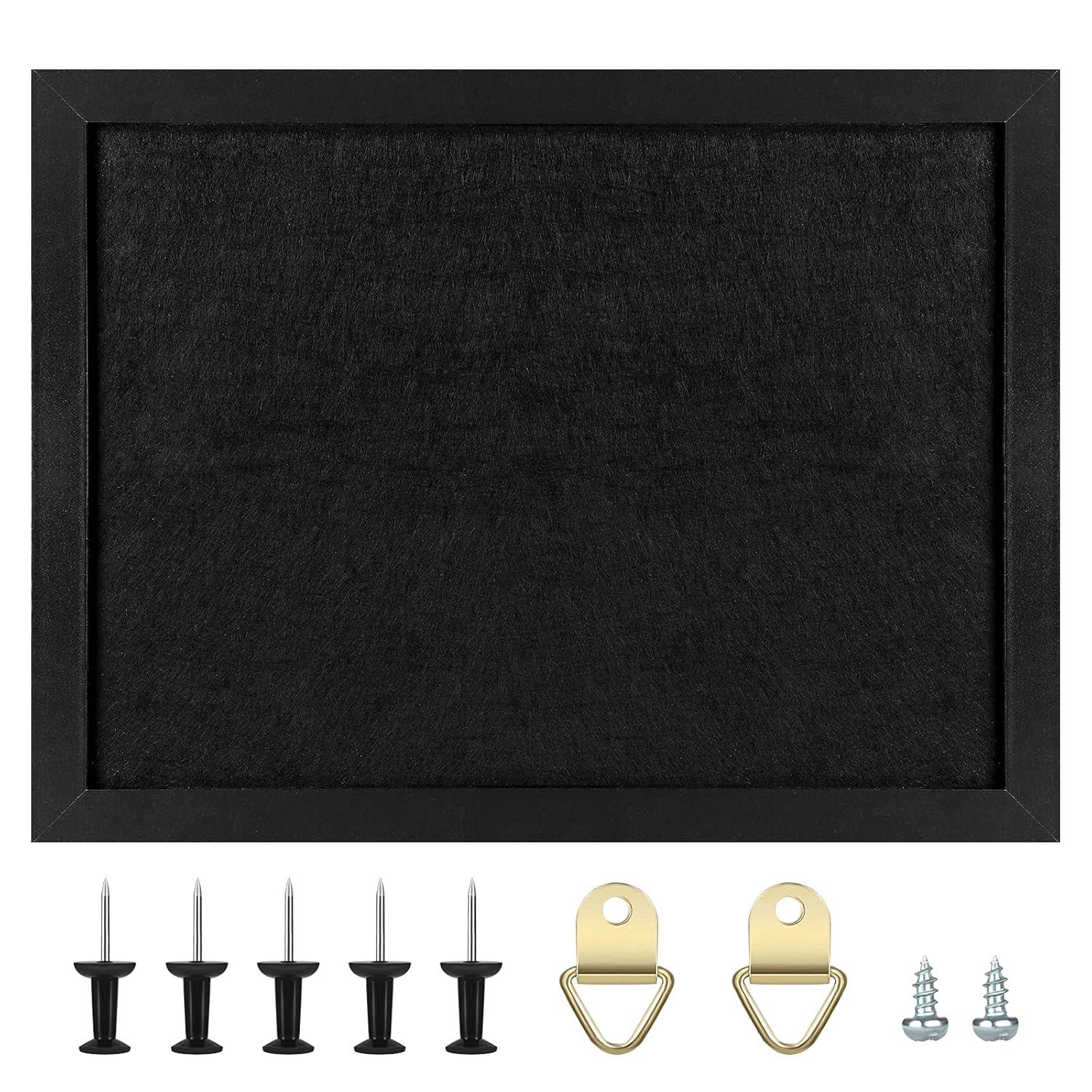 TORASO Cork Board Bulletin Board with Felt,Wood Framed Display Bulletin Board for Walls with Pins, Eye Bolts, gaskets, Screws, Pin Board for Office, School and Home(Black,1pc)