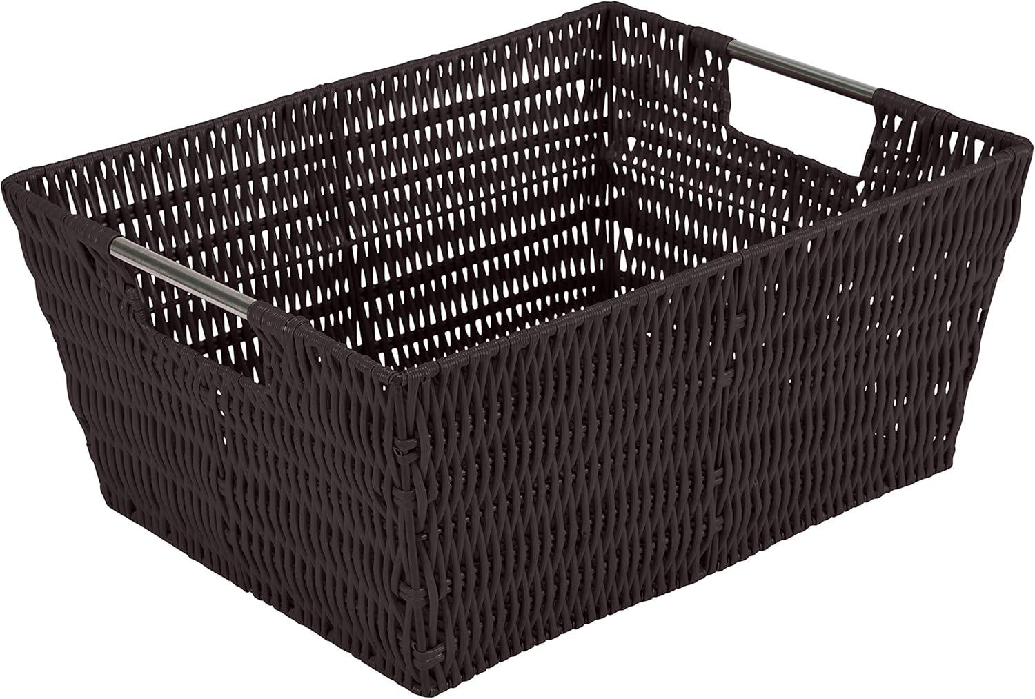 Simplify 3pc Rattan Tote Set with Sterling Silver Handles Chocolate: Decorative Storage Bins, 1456 Volume, No Assembly