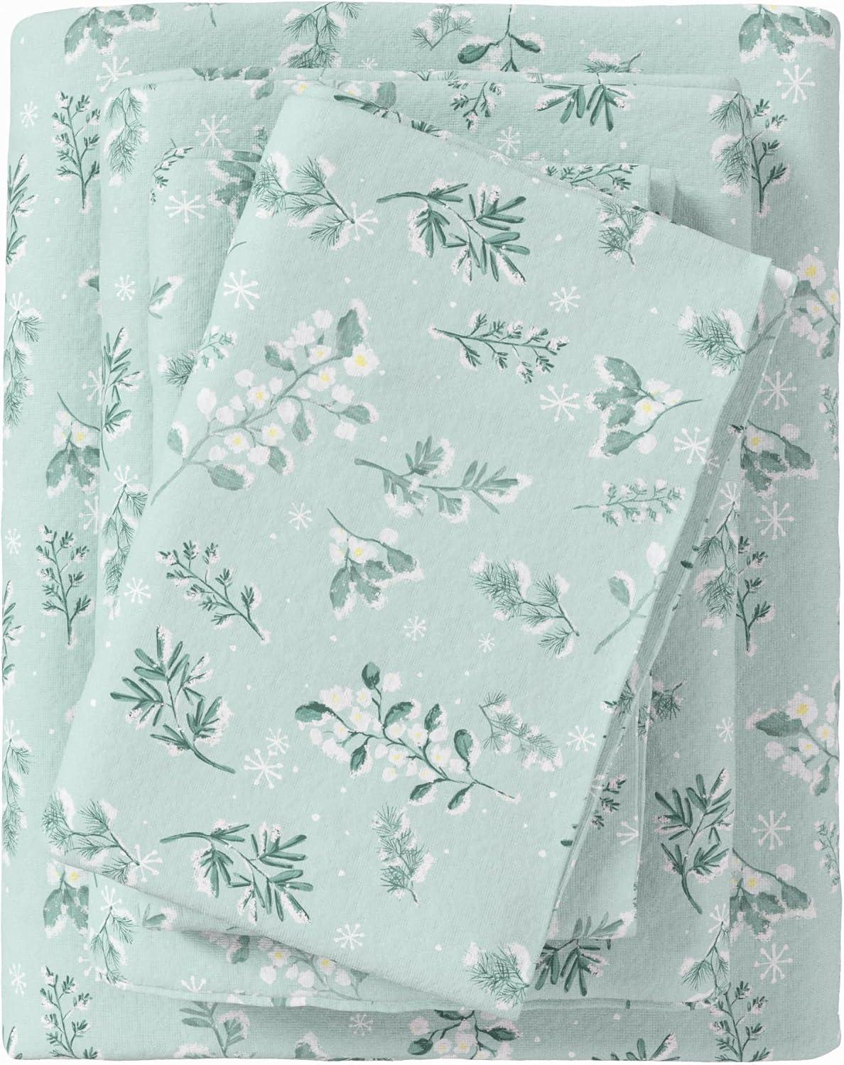 100% Cotton Winter Flannel Sheet Set - Great Bay Home (Twin, Snowy Botanical)