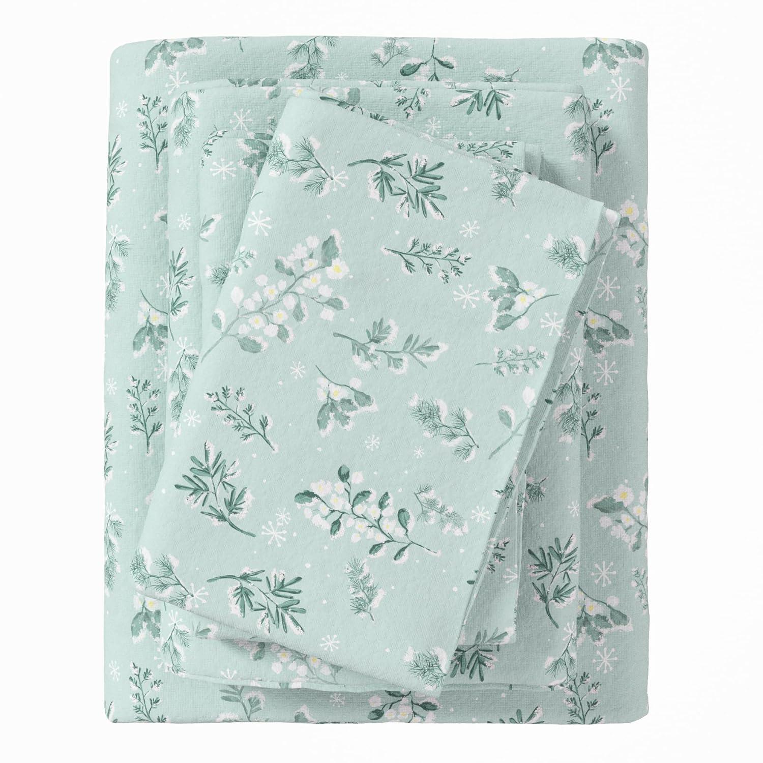 100% Cotton Winter Flannel Sheet Set - Great Bay Home (Twin, Snowy Botanical)