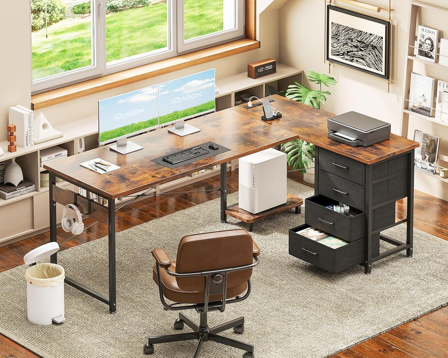 Vintage Brown Wood L-Shaped Gaming Desk with Drawers and Power Outlets